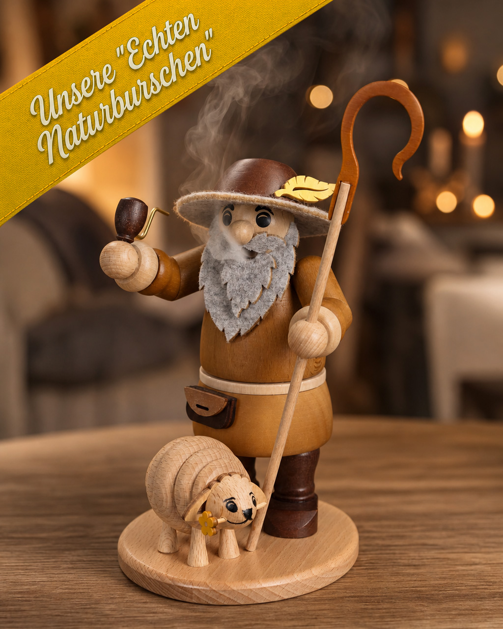 Räucherfigur "Schäfer mit Schaf" - unsere ECHTEN "NATURBURSCHEN" - Original Erzgebirge
