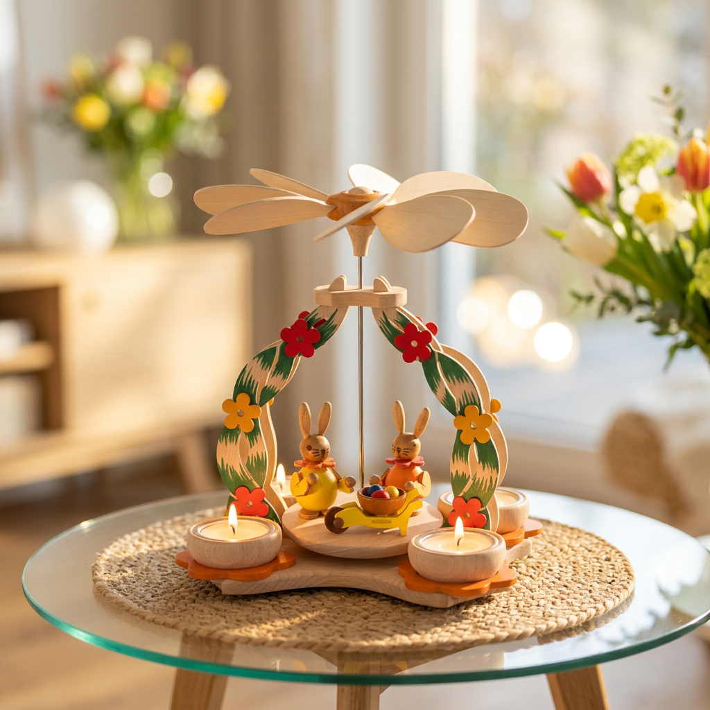 Pyramide mit Hasenpaar und Schubkarre – Erzgebirgische Osterdekoration