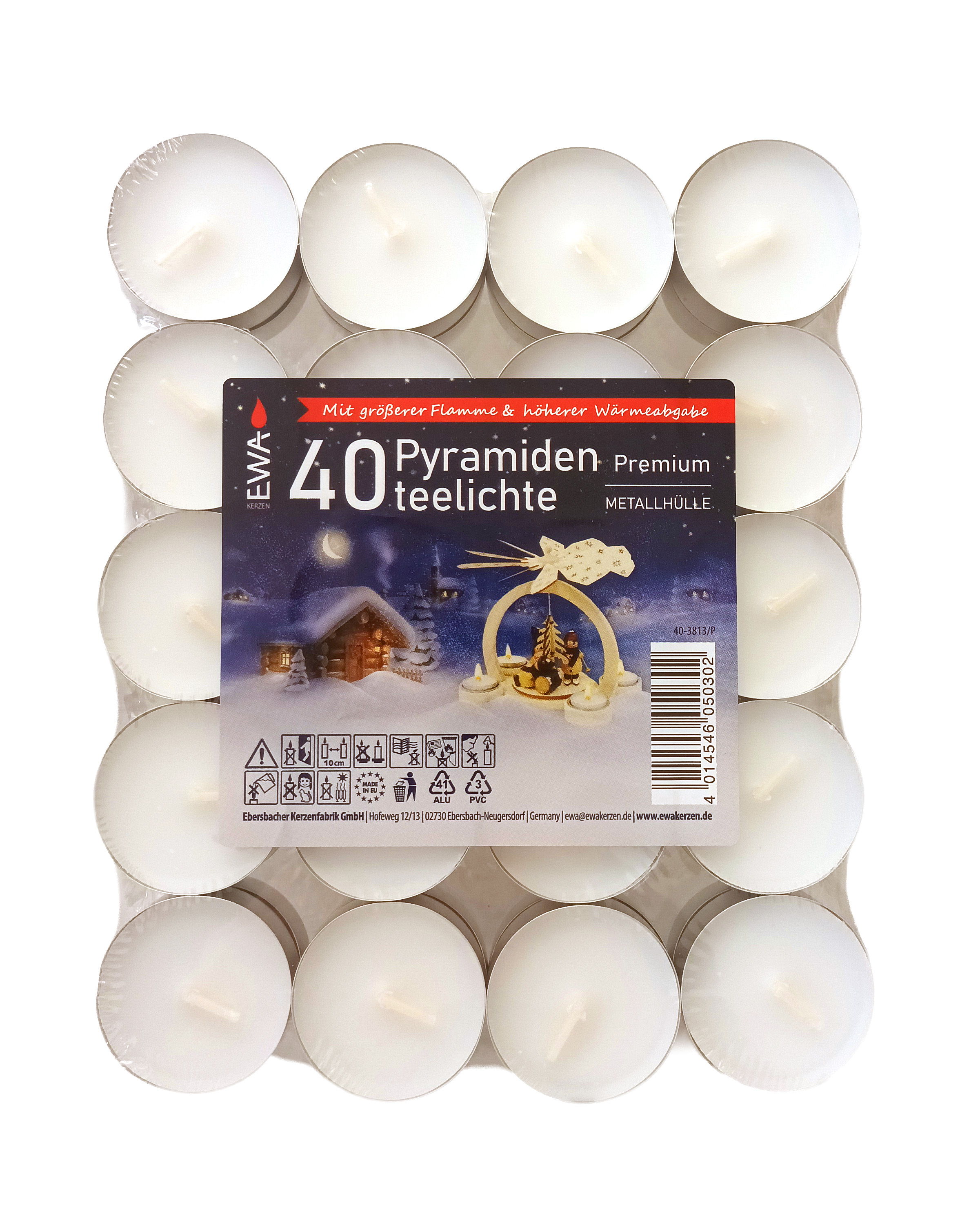 40 Premium Pyramiden-Teelichte mit Metallhülle - Teelichter