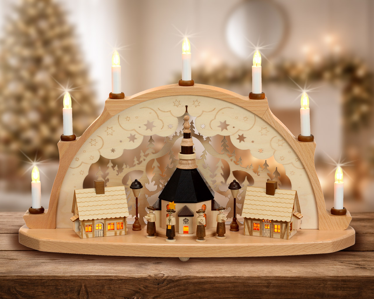 Schwibbogen mit beleuchtete Seiffener Kirche und Häuser - Original Erzgebirge
