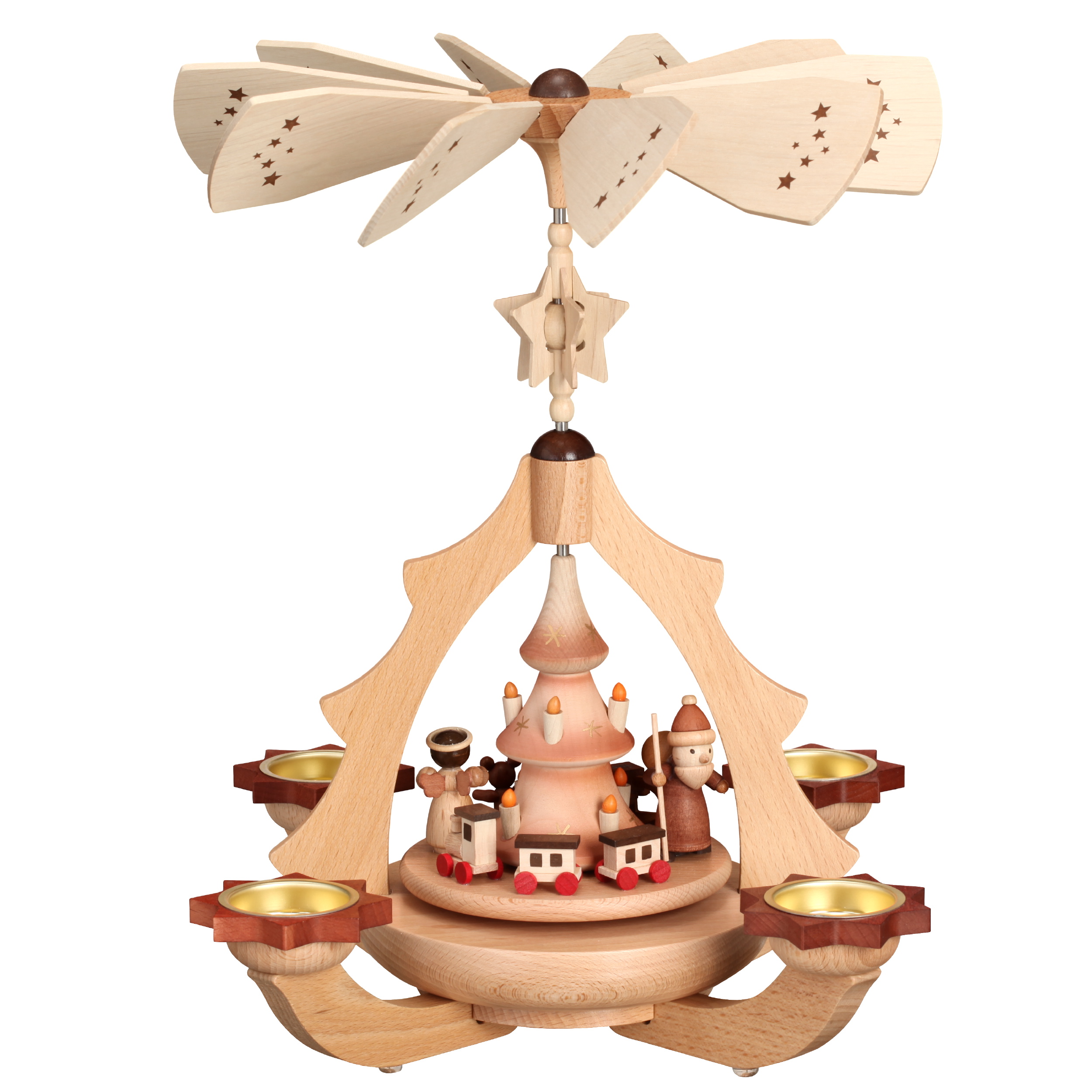 Leuchterpyramide mit Weihnachtsmann, Engel und Eisenbahn – moderne Form trifft klassische Weihnachtskunst