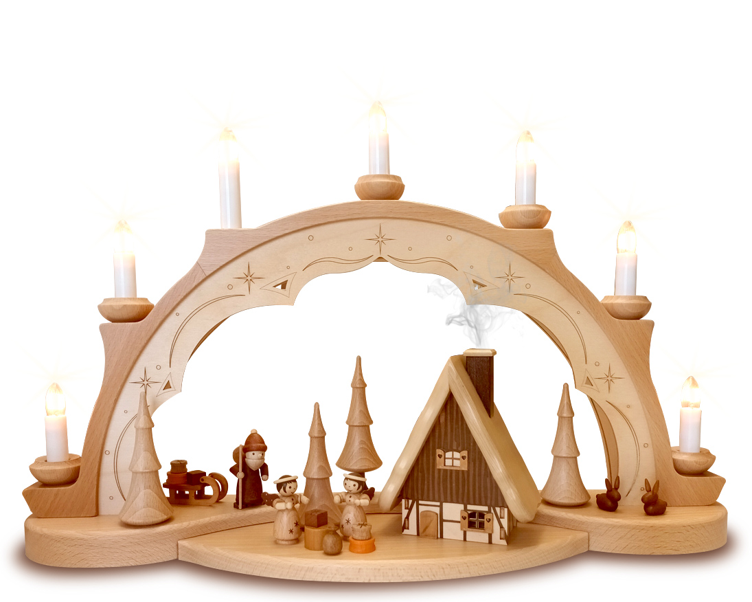 Schwibbogen beleuchtet mit Rauchhaus - Original Erzgebirge