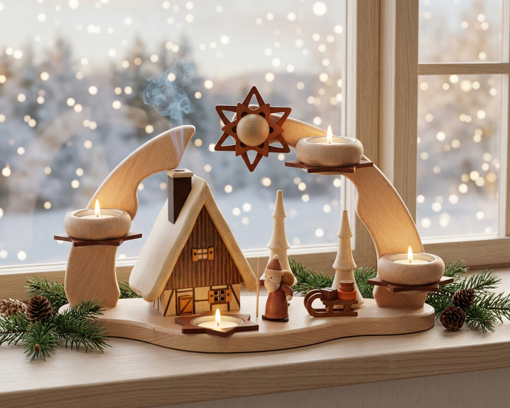 Adventsbogen mit Rauchhaus und Weihnachtsmann für 3 Teelichter - Original Erzgebirge
