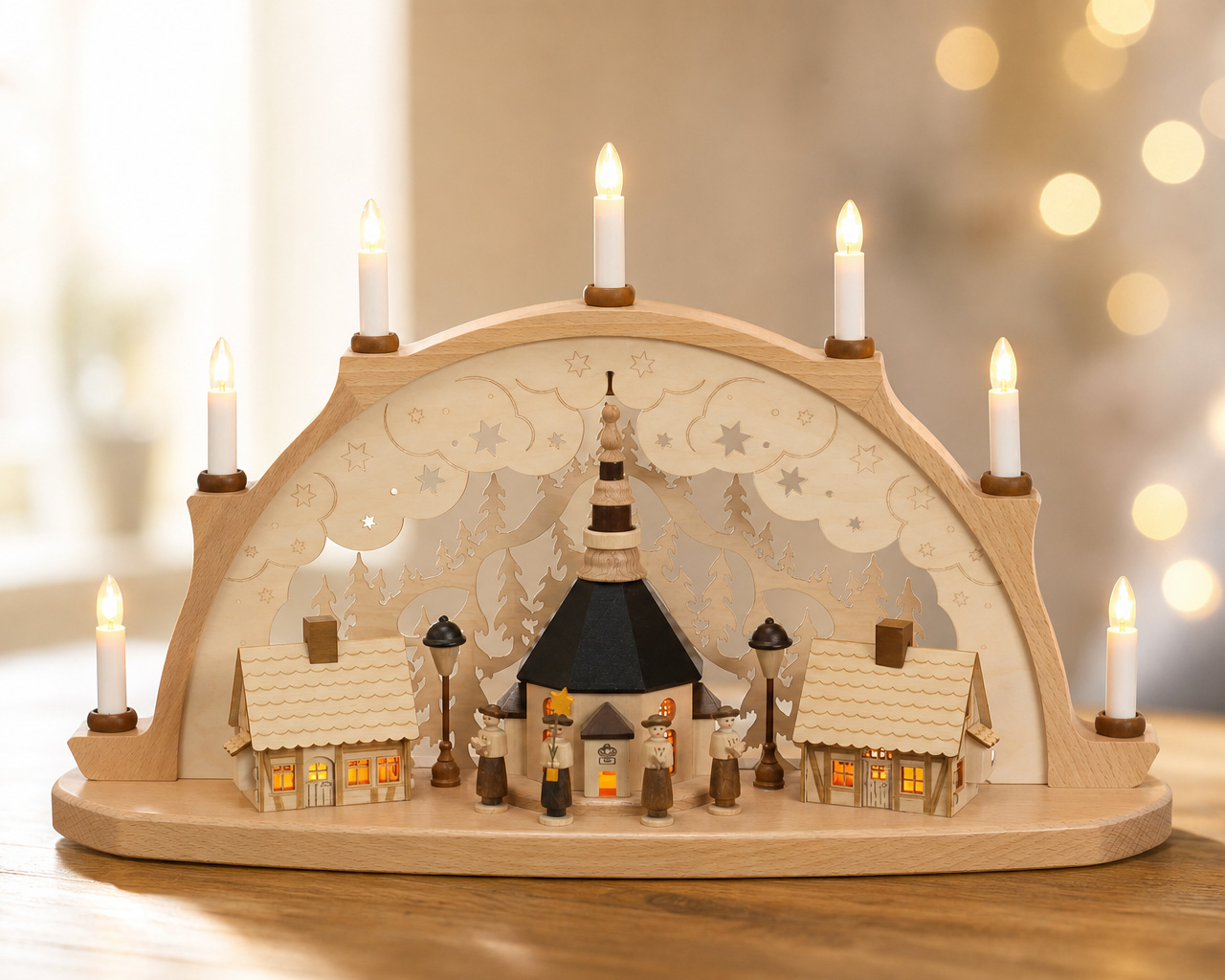 Schwibbogen mit beleuchtete Seiffener Kirche und Häuser - Original Erzgebirge