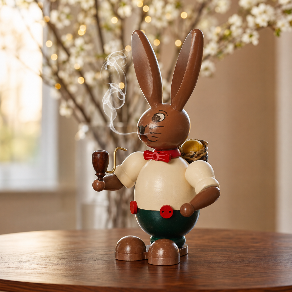 Rauchender Osterhase mit Eierkorb – Handgefertigte Holzkunst