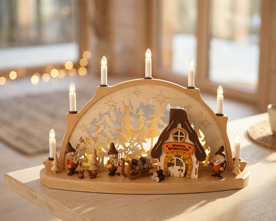 Schwibbogen beleuchtet mit Wichtelwerkstatt - Original Erzgebirge