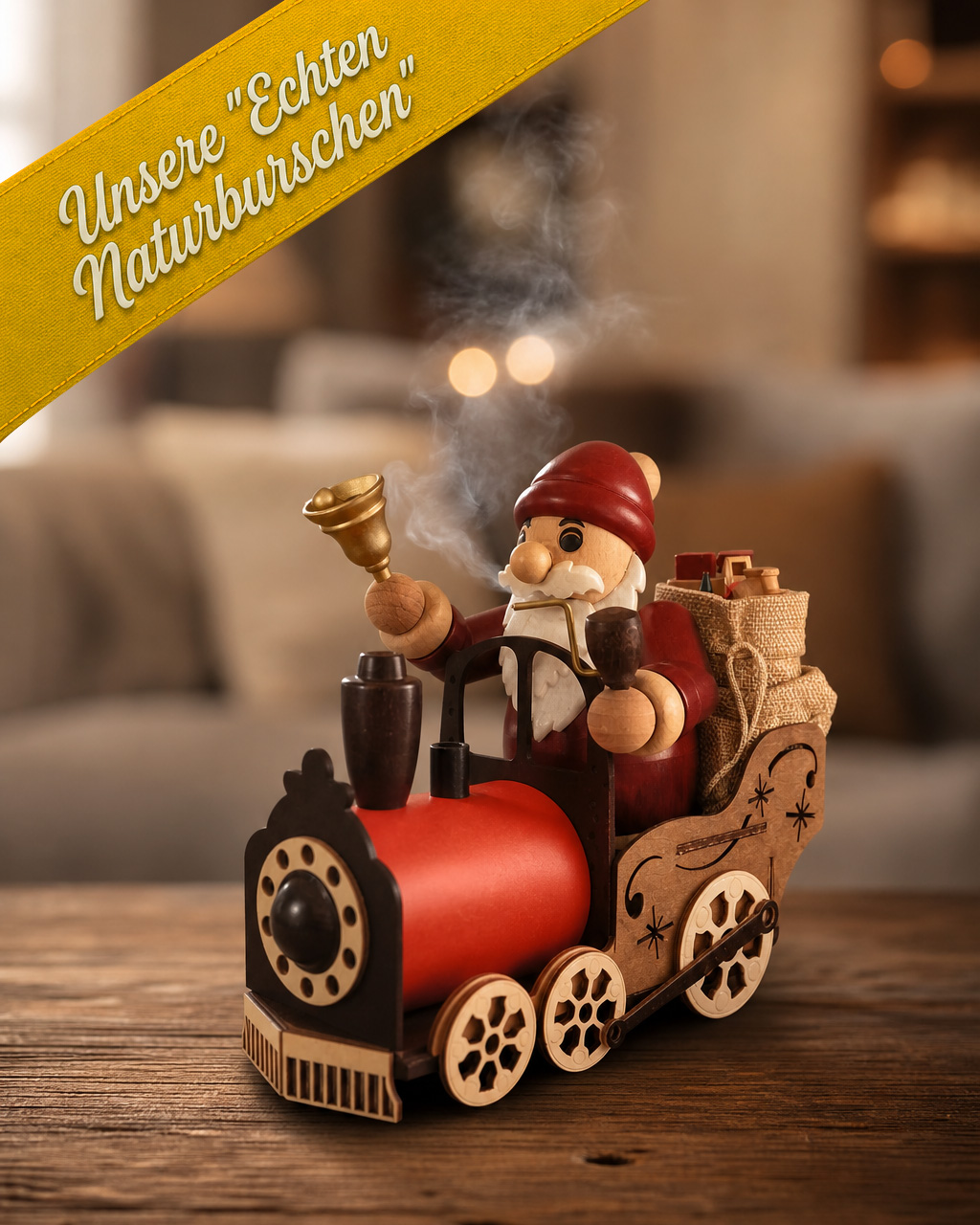 Räuchermann Weihnachtsmann auf Lokomotive - unsere ECHTEN "NATURBURSCHEN" - Original Erzgebirge