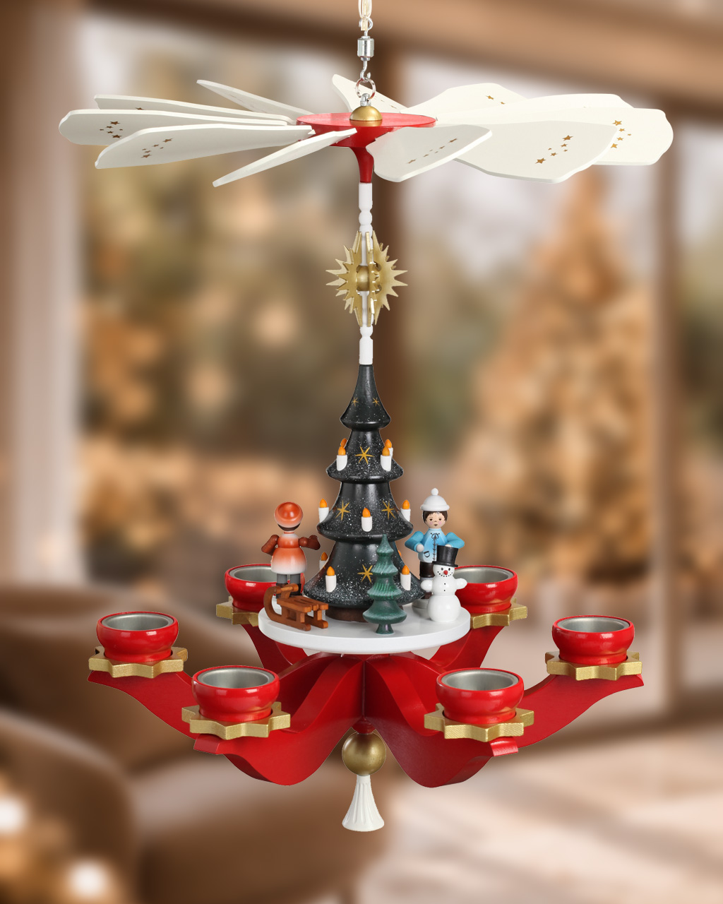 Hängepyramide Winterkinder für sechs Teelichter - Original Erzgebirge