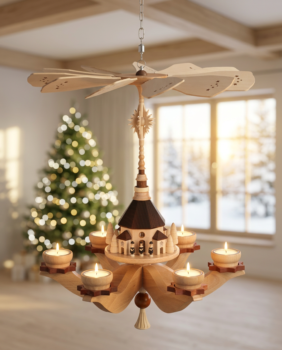 Hängepyramide Seiffener Kirche für sechs Teelichter - Original Erzgebirge