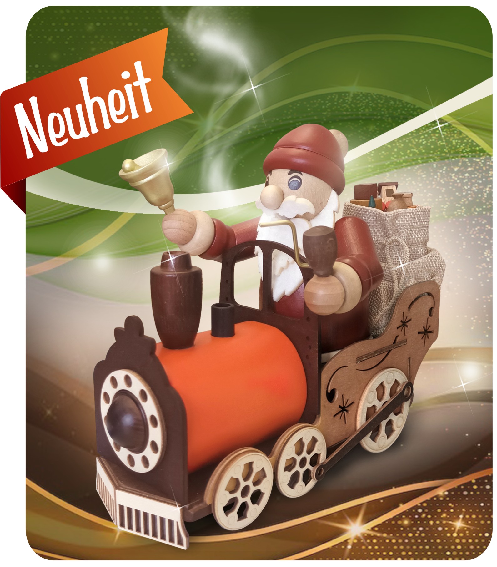 Räuchermann Weihnachtsmann auf Lokomotive