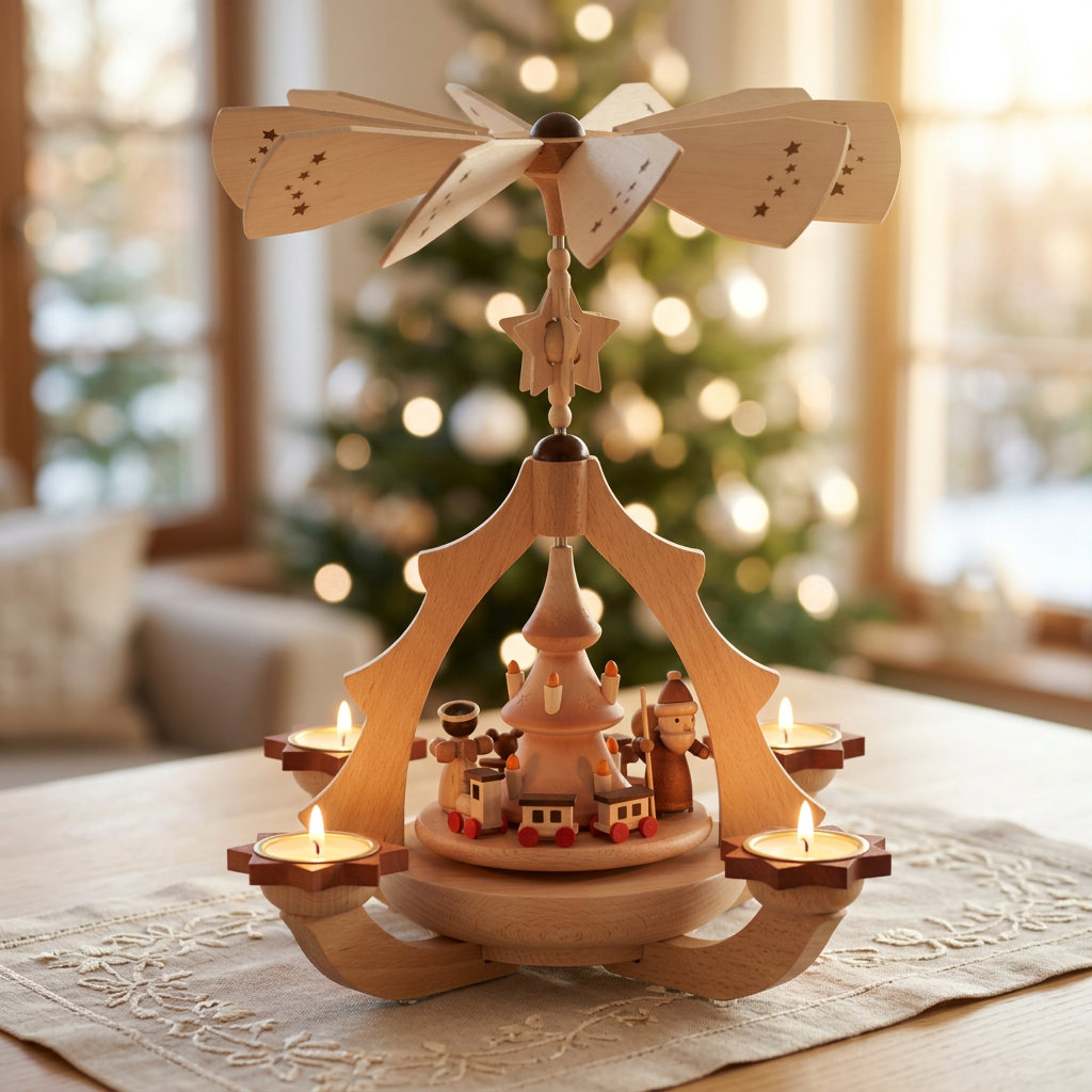 Leuchterpyramide mit Weihnachtsmann, Engel und Eisenbahn – moderne Form trifft klassische Weihnachtskunst