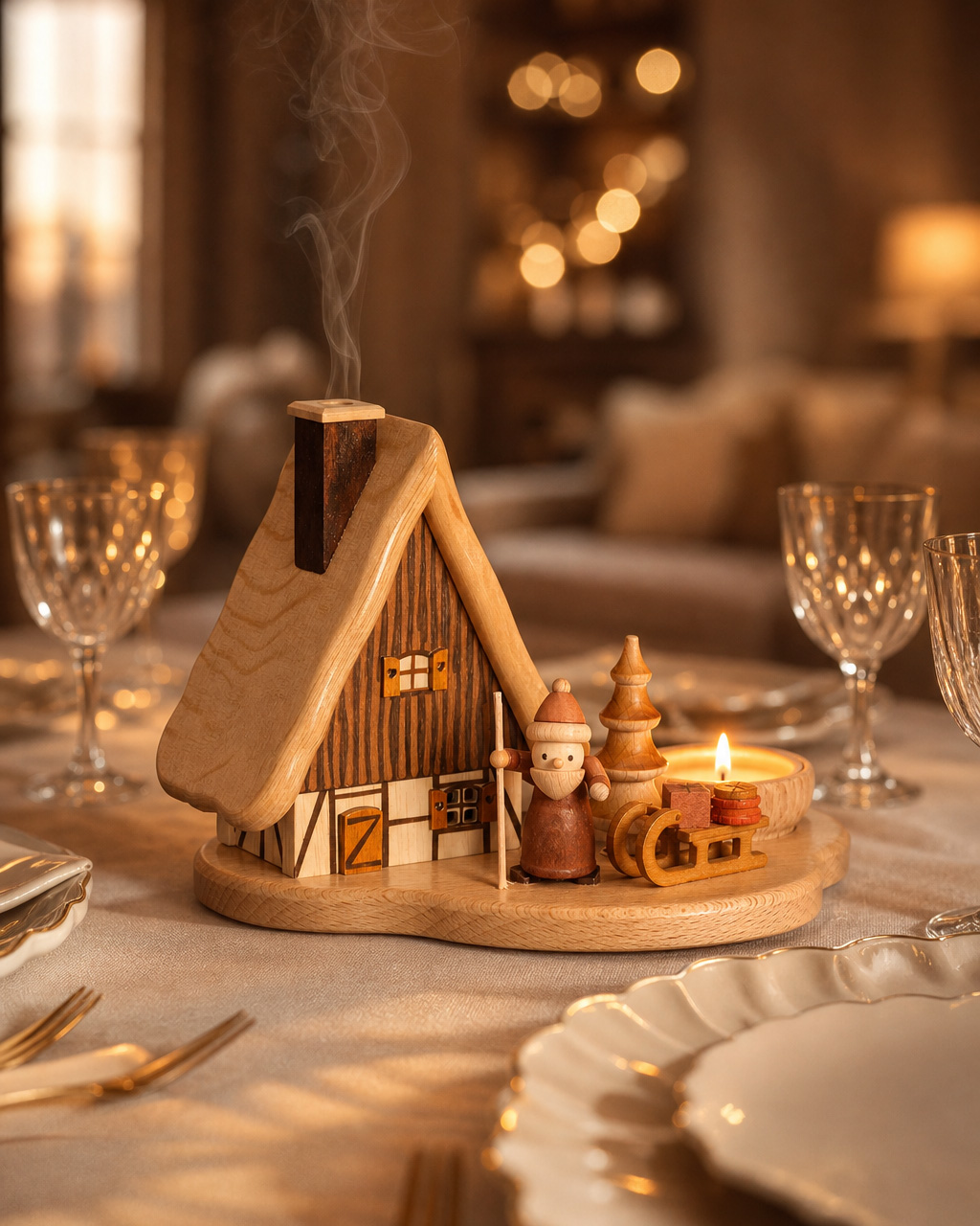 Räucherhaus auf Sockel mit Weihnachtsmann und Schlitten – Original Erzgebirge