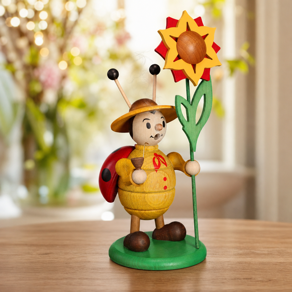 Räuchermarienkäfer mit Blume – Handgefertigte Holzkunst 