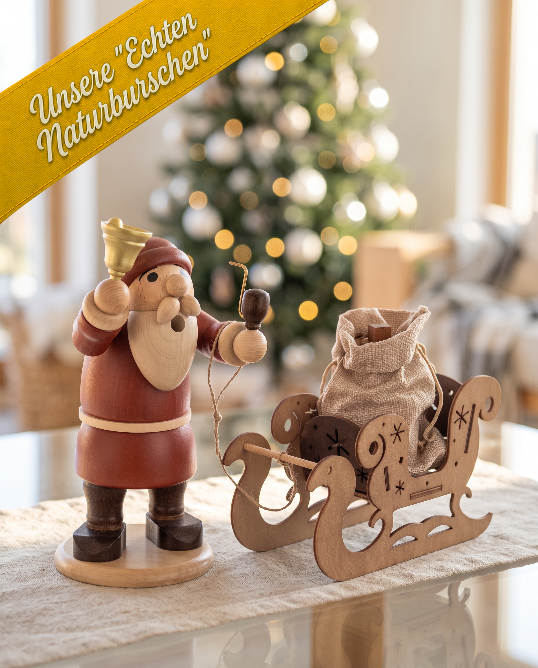 Räuchermann "Weihnachtsmann mit Schlitten und Geschenken" - unsere ECHTEN "NATURBURSCHEN" - Original Erzgebirge
