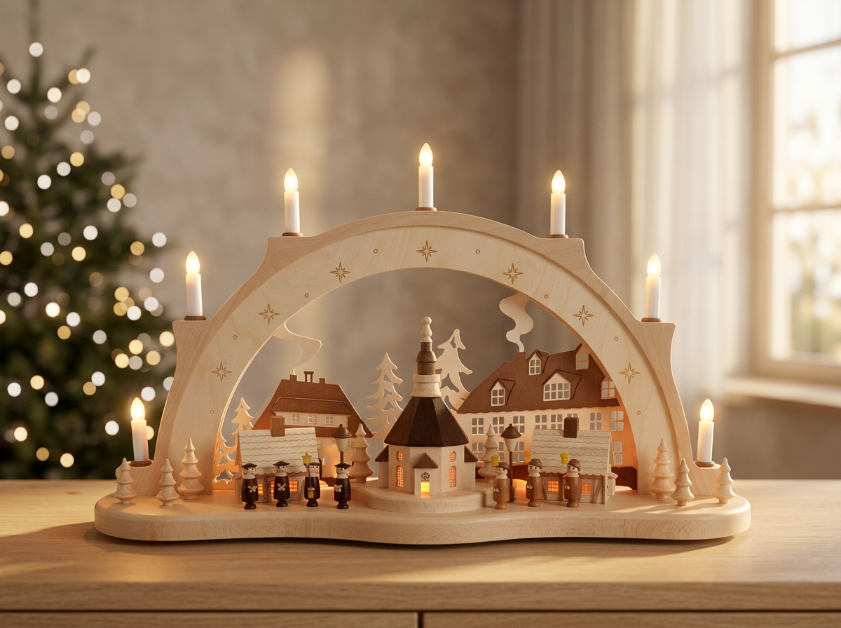 Schwibbogen mit Seiffener Kirche, Häuser und Kurrende - Original Erzgebirge 