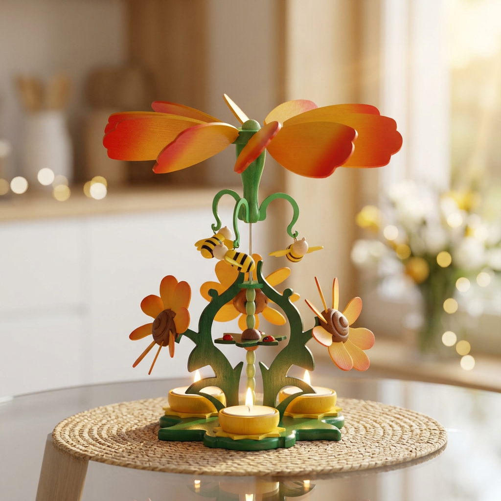 Pyramide "Blütenzauber" mit Bienen, Marienkäfer und Blüten - Original Erzgebirge