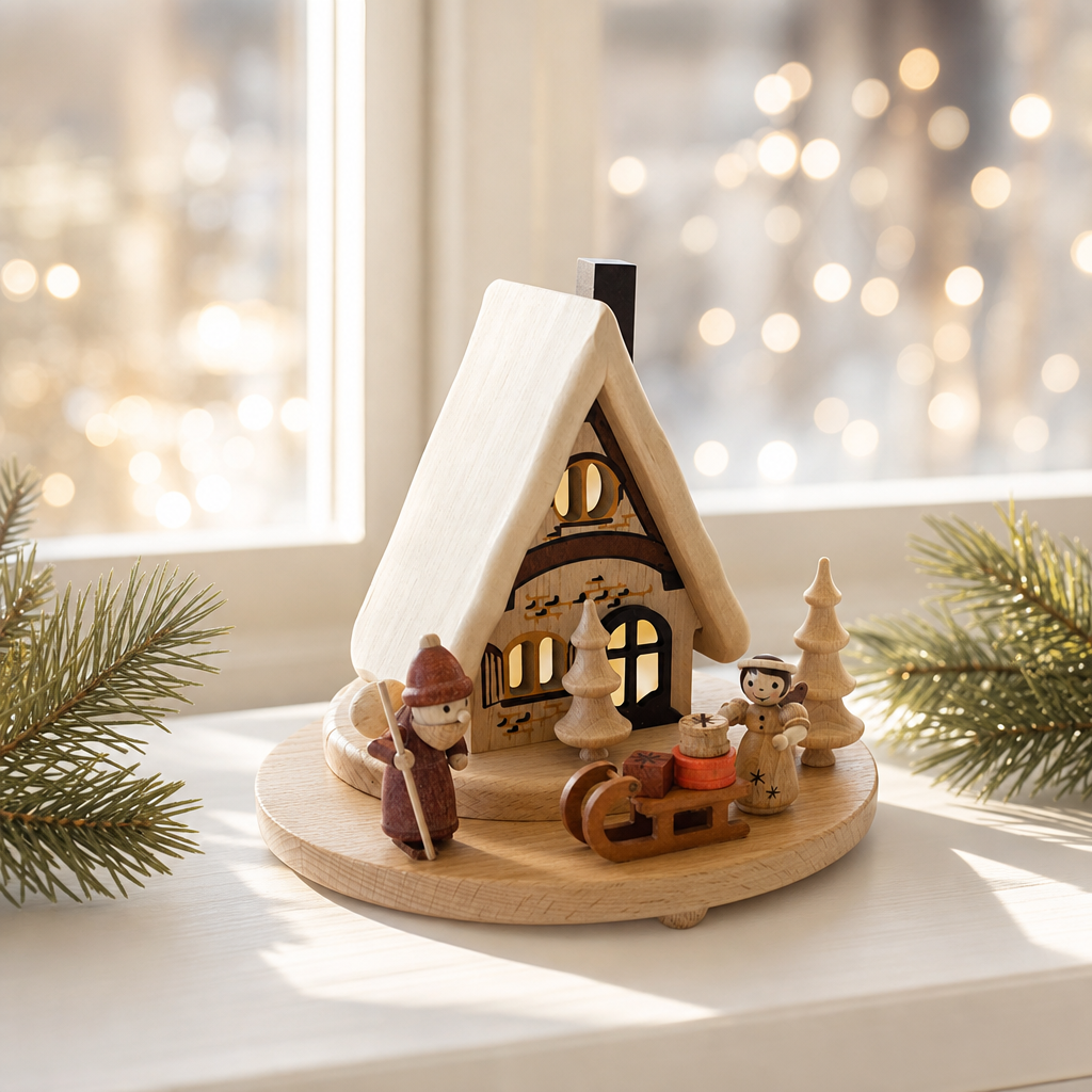 Lichterhaus mit Weihnachtsmann, Engel und Schlitten – stimmungsvolle LED-Beleuchtung