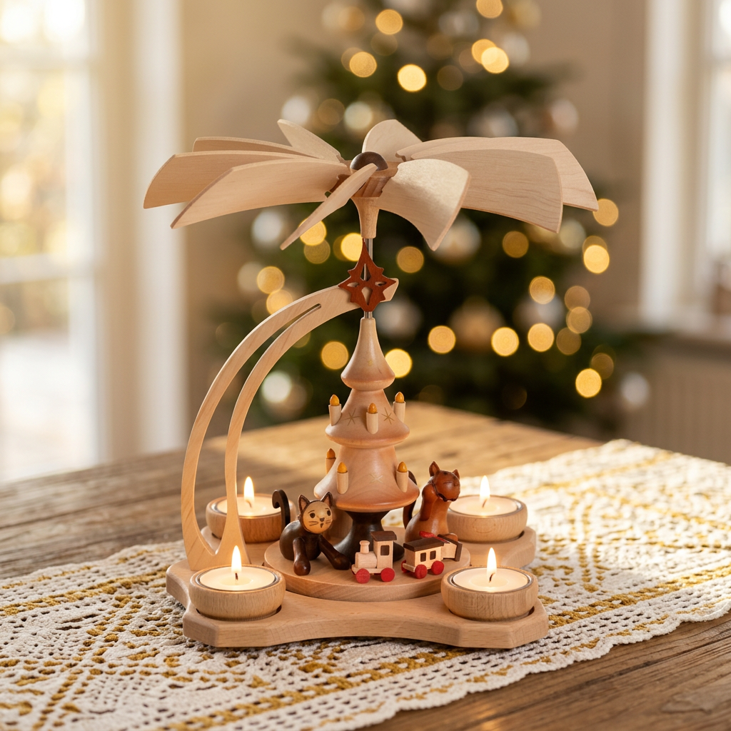 Pyramide spielende Katzen und Weihnachtsbaum mit 4 Teelichter - Original Erzgebirge