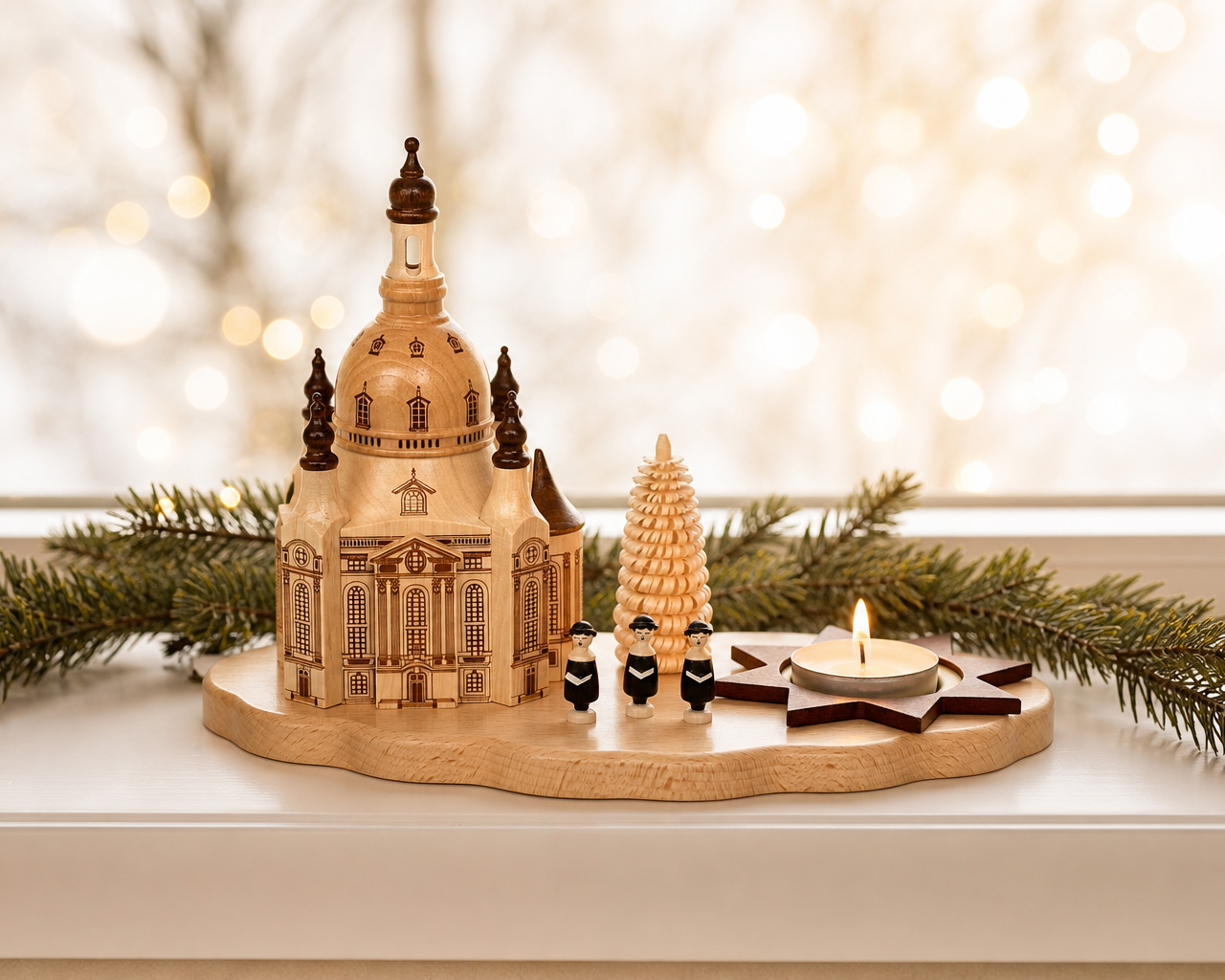 Teelichthalter Kerzenhalter Dresdner Frauenkirche, Sänger und Bäumchen - Original Erzgebirge
