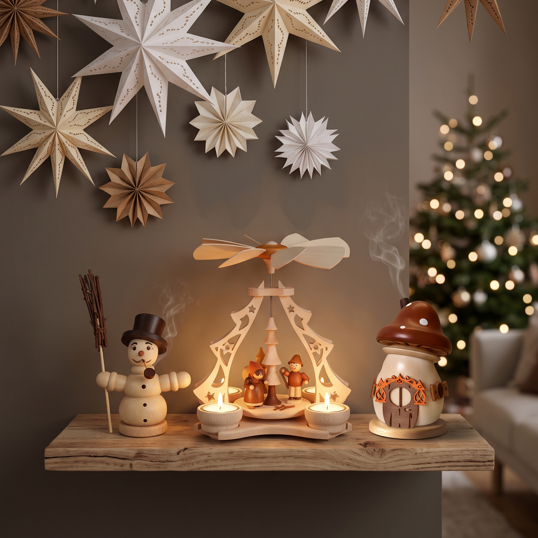 Weihnachtspaket 2 - Räuchermann Schneemann, Pyramide Waldarbeiter und Räucherpilz