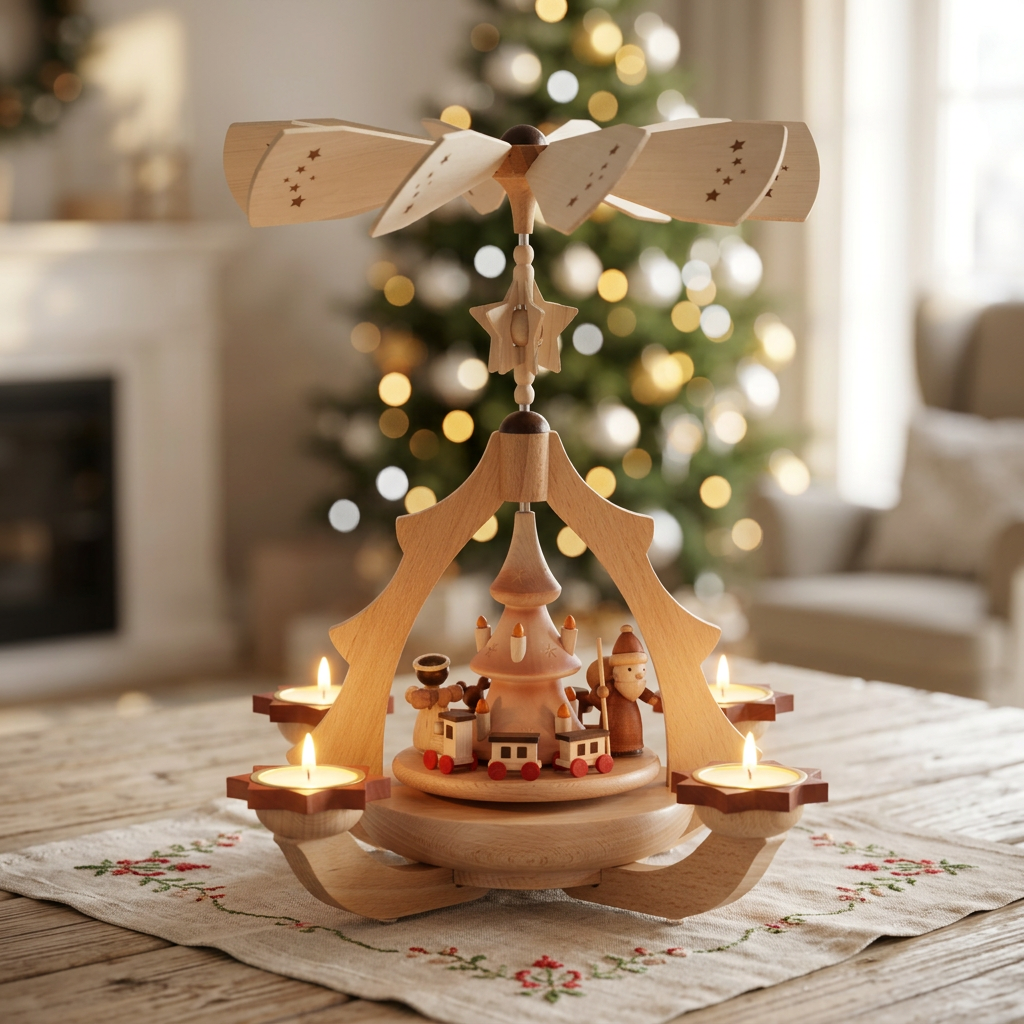 Leuchterpyramide mit Weihnachtsmann, Engel und Eisenbahn – moderne Form trifft klassische Weihnachtskunst