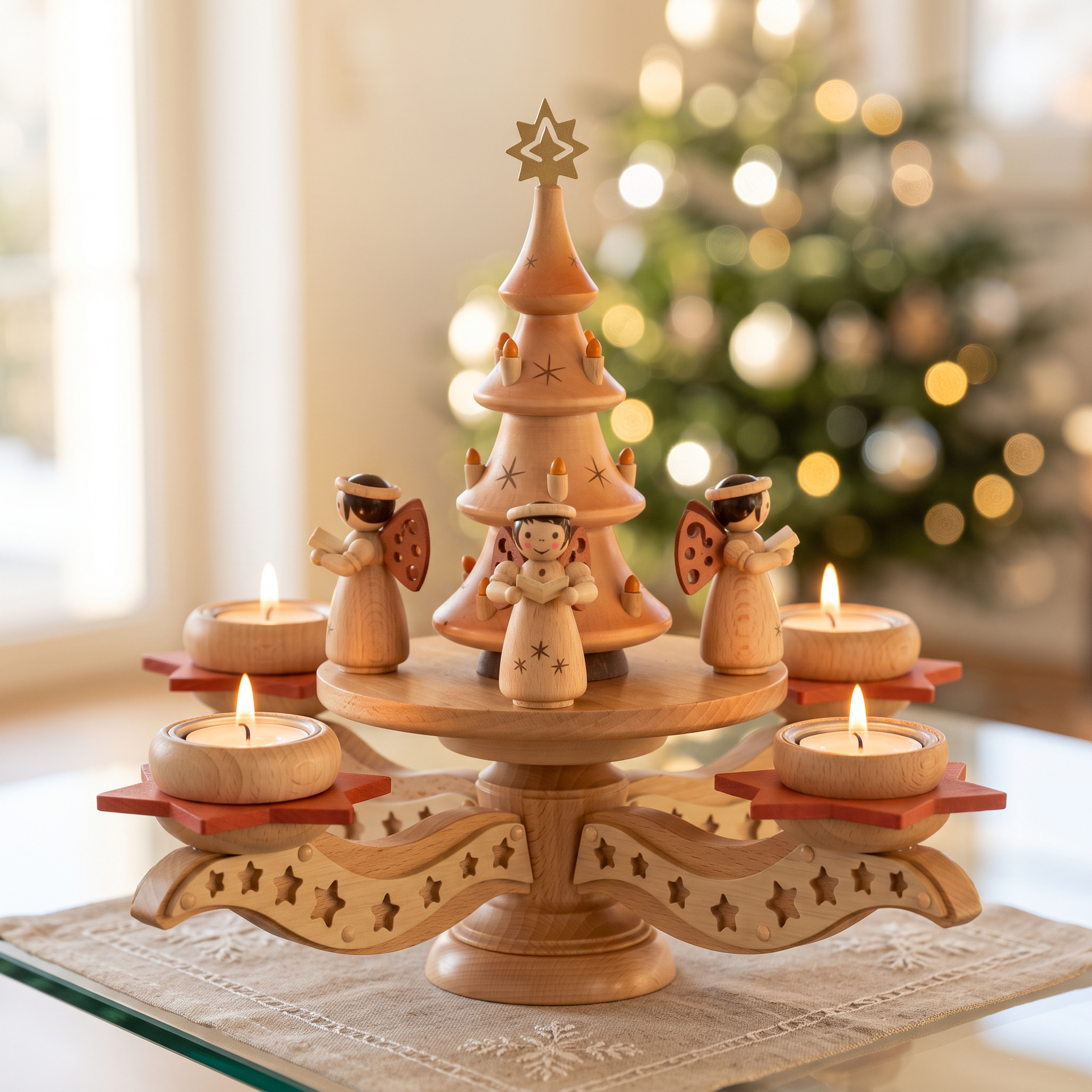 Adventsleuchter mit Weihnachtsbaum und Engeln – Holzkunst aus dem Erzgebirge