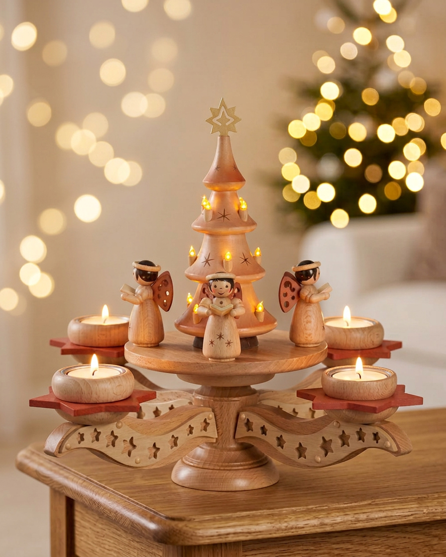 Adventsleuchter mit Weihnachtsbaum und Engeln – Holzkunst aus dem Erzgebirge
