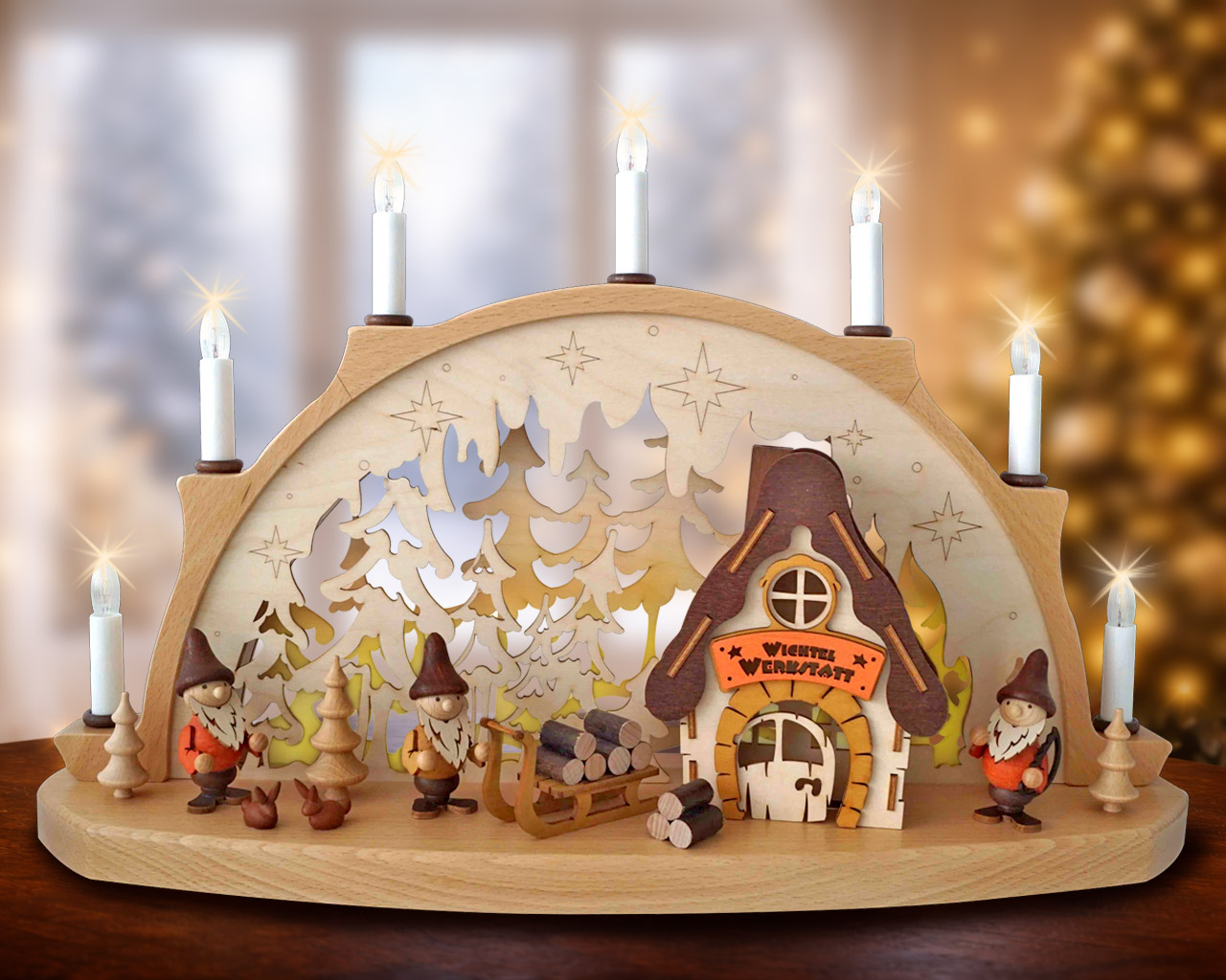 Schwibbogen beleuchtet mit Wichtelwerkstatt - Original Erzgebirge