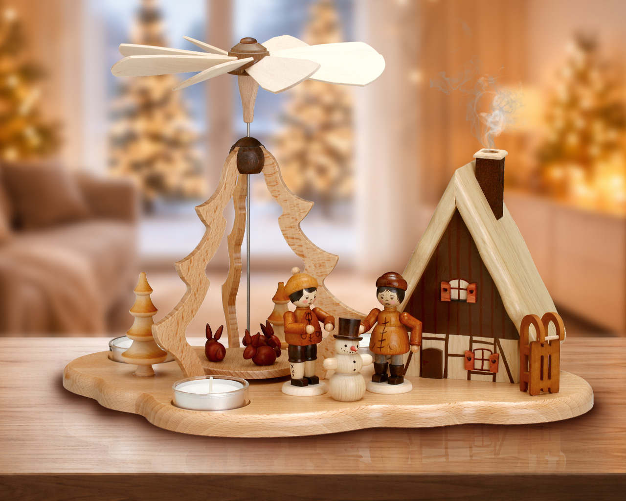 Pyramide mit Räucherhaus und Winterkinder - Original Erzgebirge