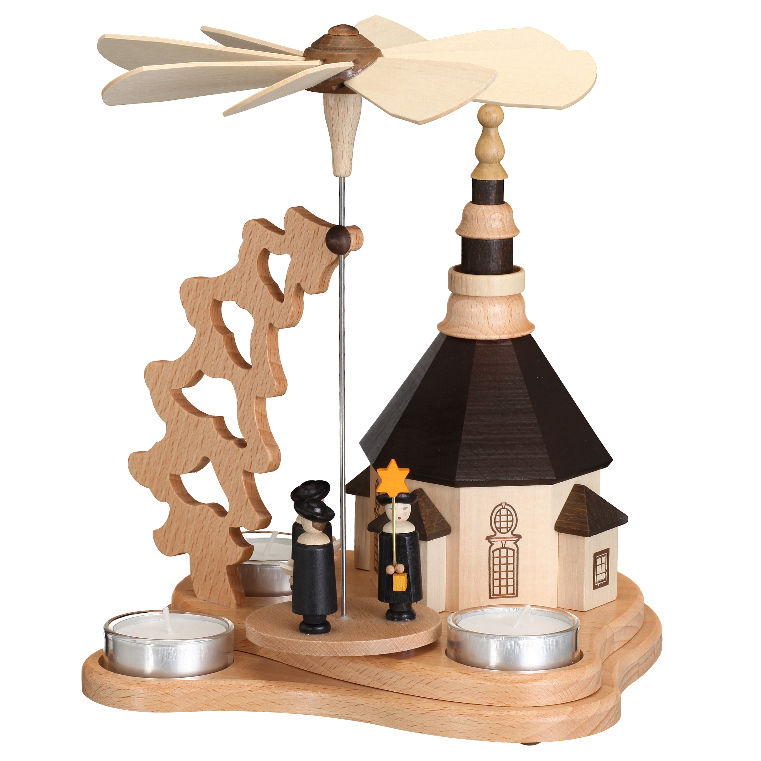 Pyramide klein mit Seiffener Kirche und Kurrende – kompakte Holzkunst