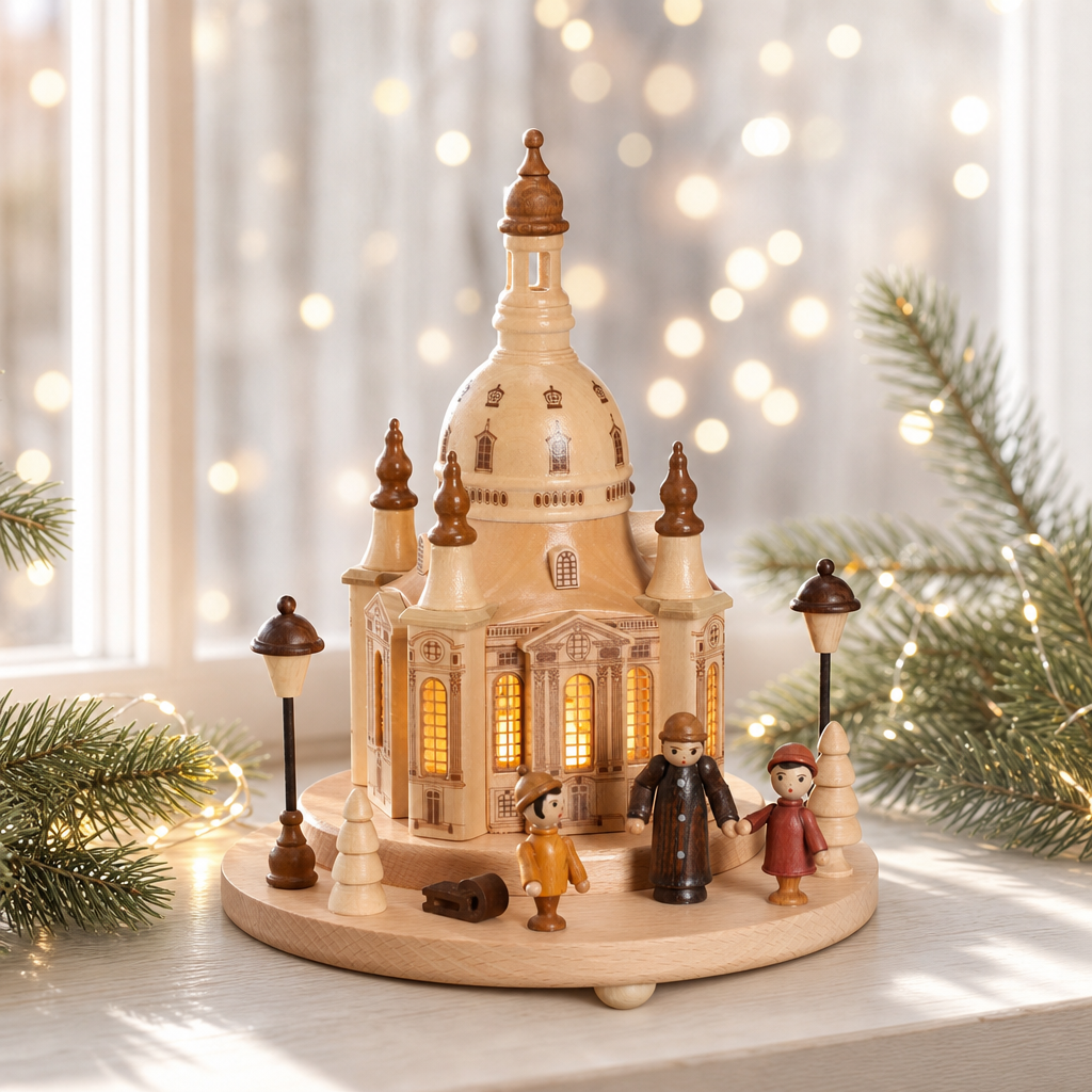 Sockel mit beleuchtete Dresdner Frauenkirche und Figuren - Original Erzgebirge