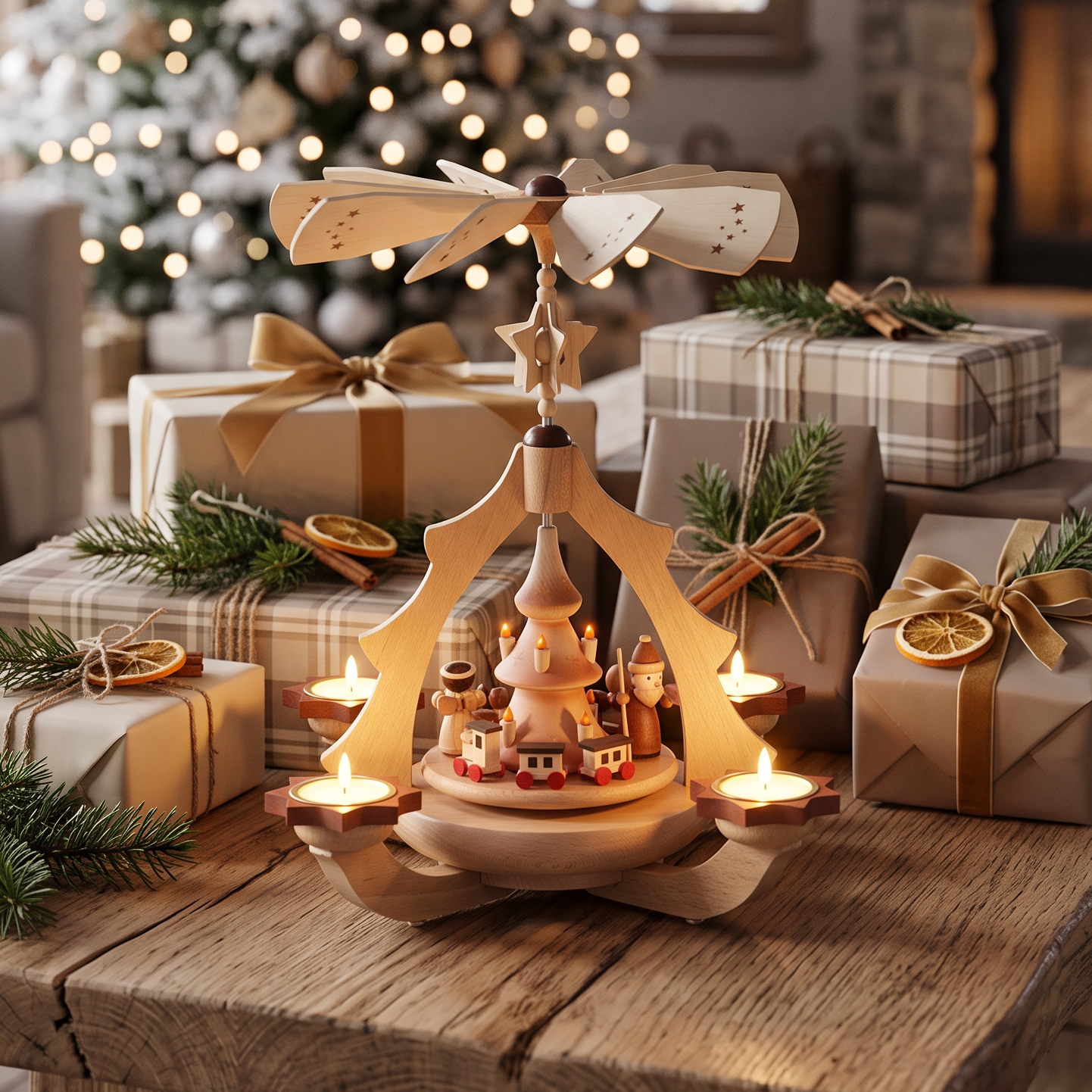 Leuchterpyramide mit Weihnachtsmann, Engel und Eisenbahn – moderne Form trifft klassische Weihnachtskunst