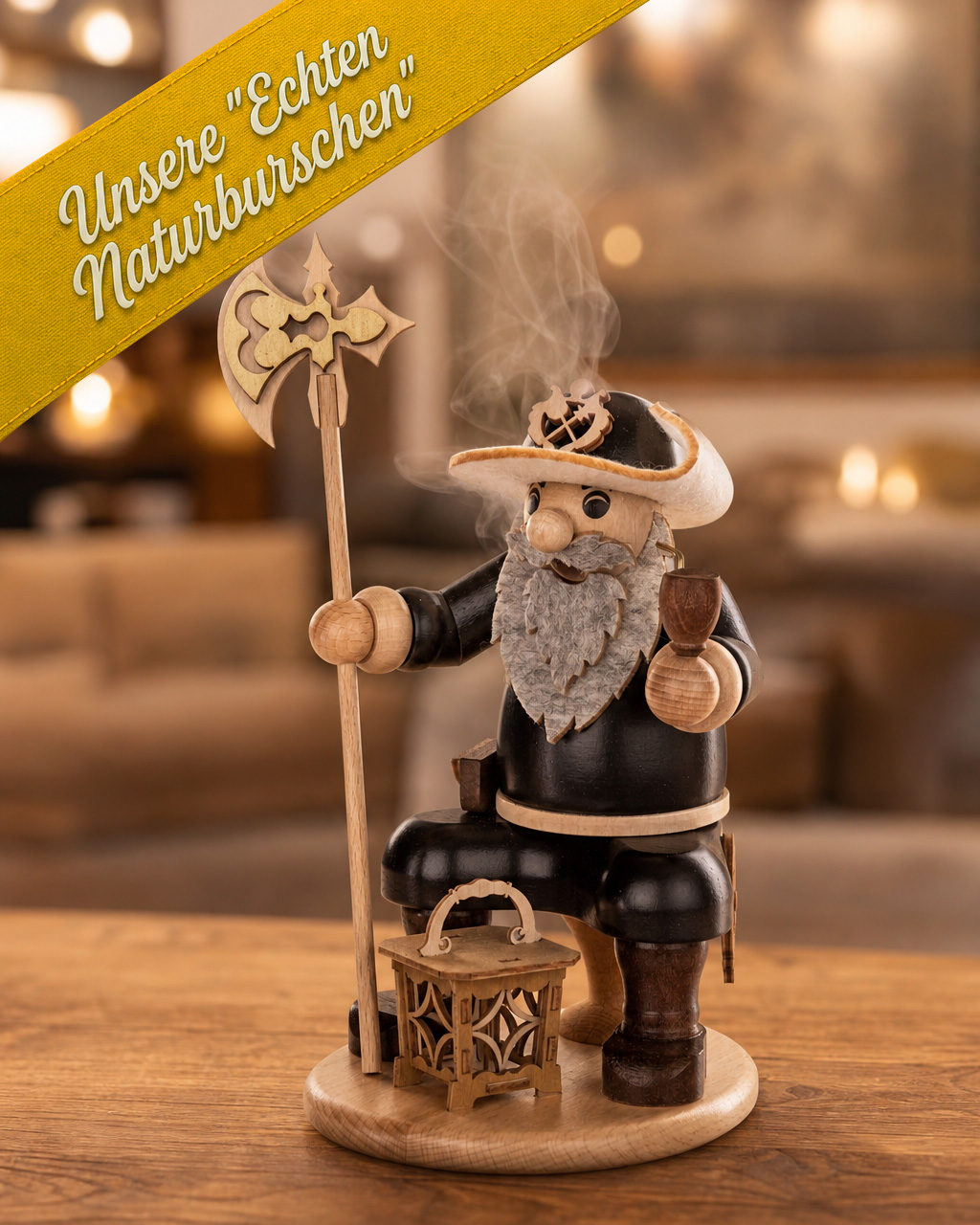 Räuchermann "Nachtwächter mit Laterne und Hellebarde - unsere ECHTEN "NATURBURSCHEN" - Original Erzgebirge