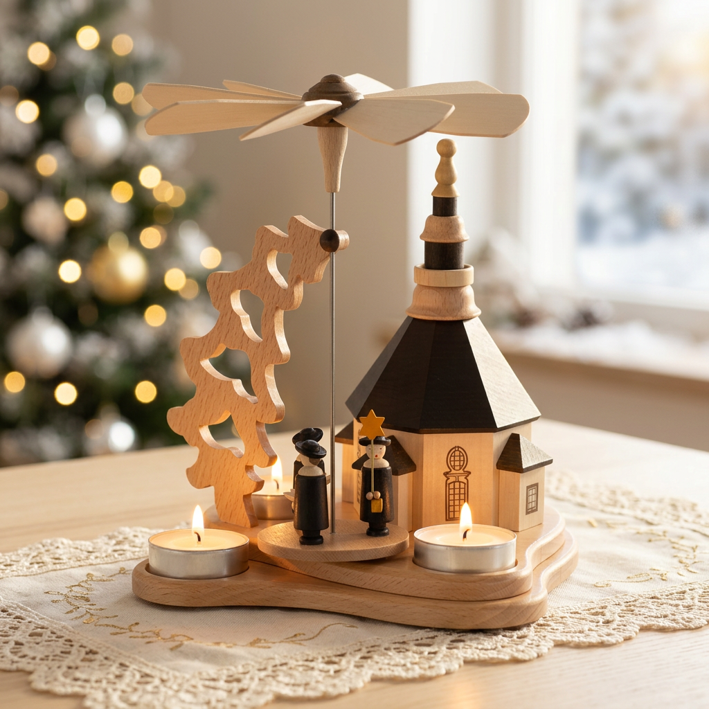 Pyramide klein mit Seiffener Kirche und Kurrende – kompakte Holzkunst