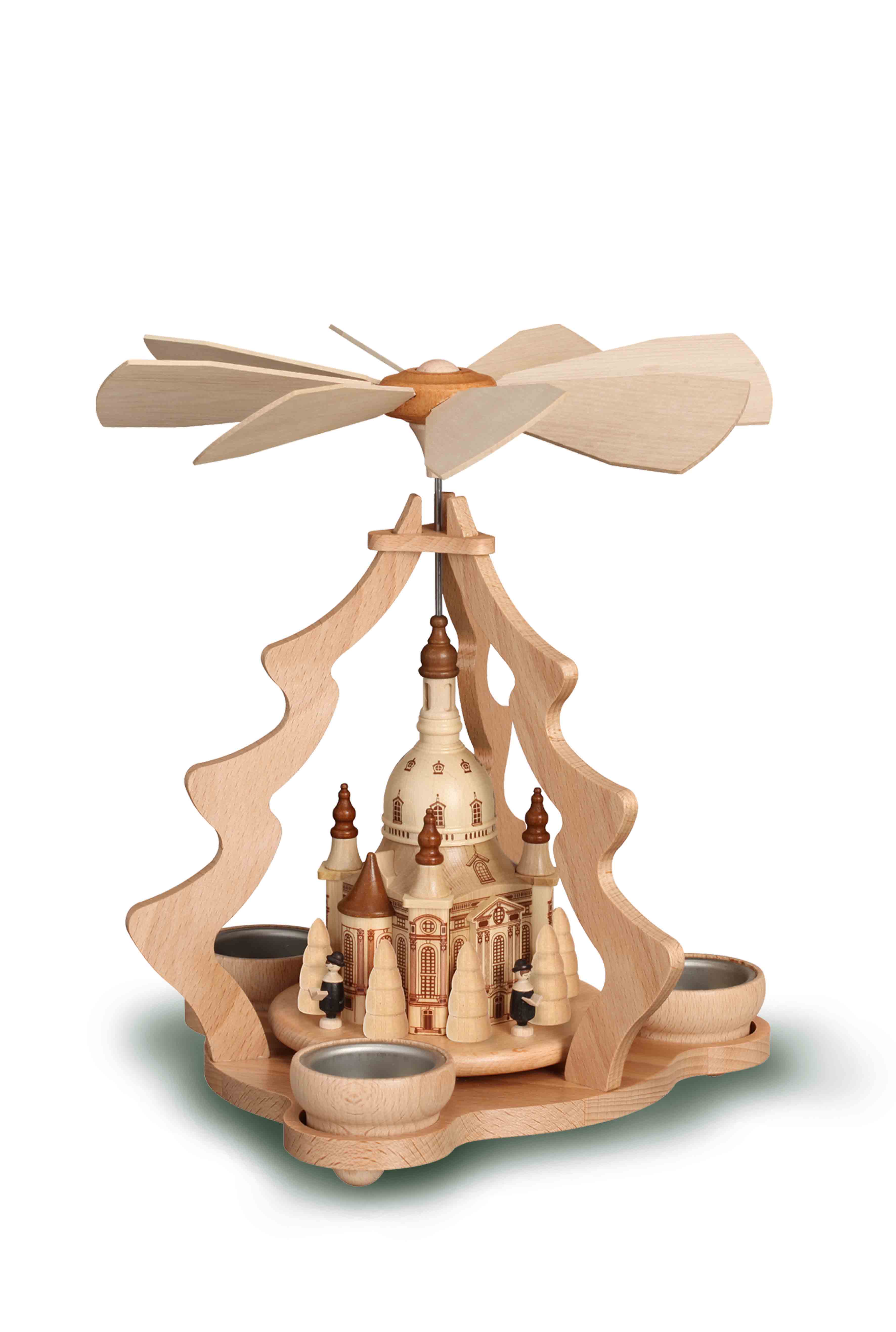 Pyramide Tannenform mit Dresdner Frauenkirche für 3 Teelichter - Original Erzgebirge