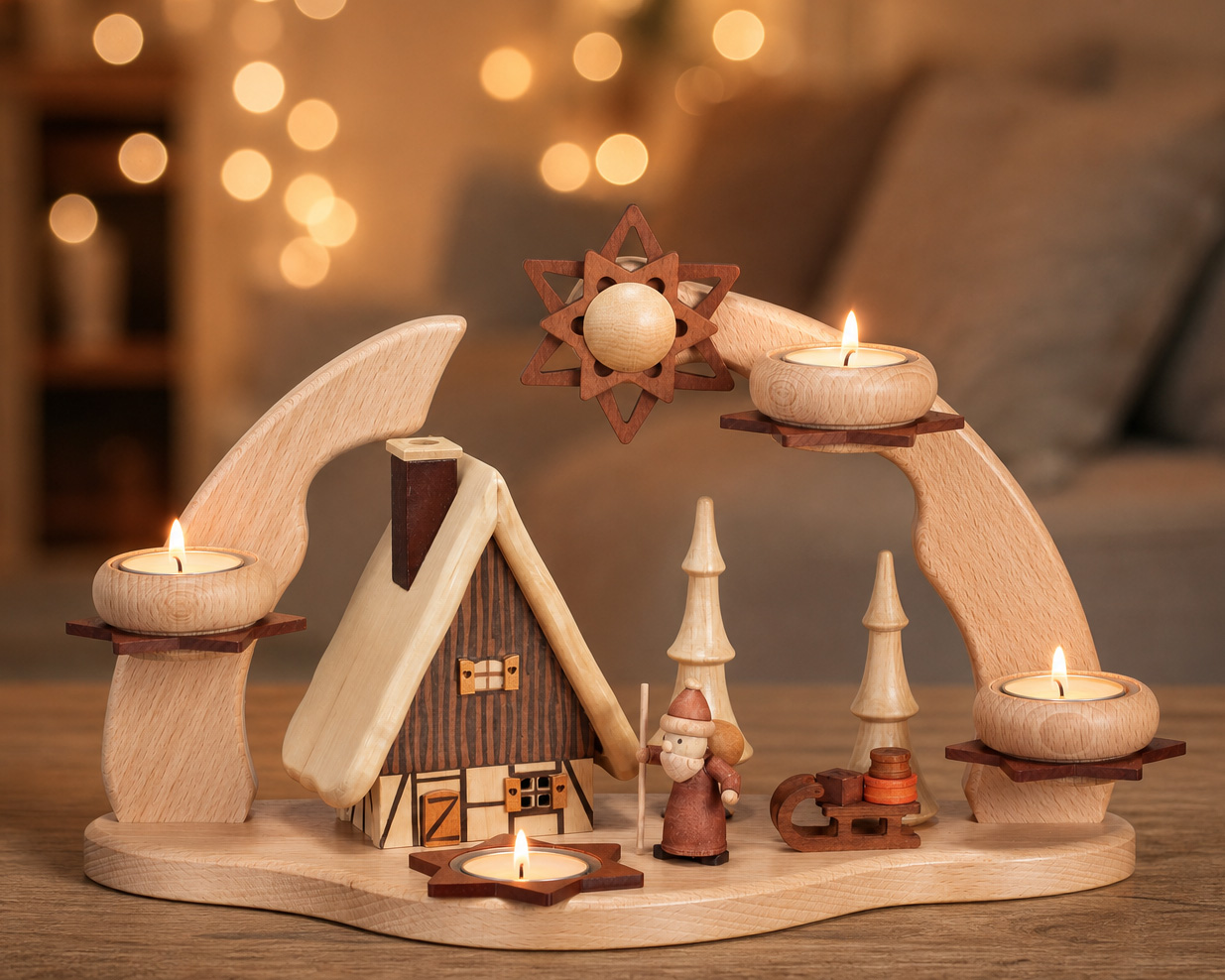 Adventsbogen mit Rauchhaus und Weihnachtsmann für 3 Teelichter - Original Erzgebirge