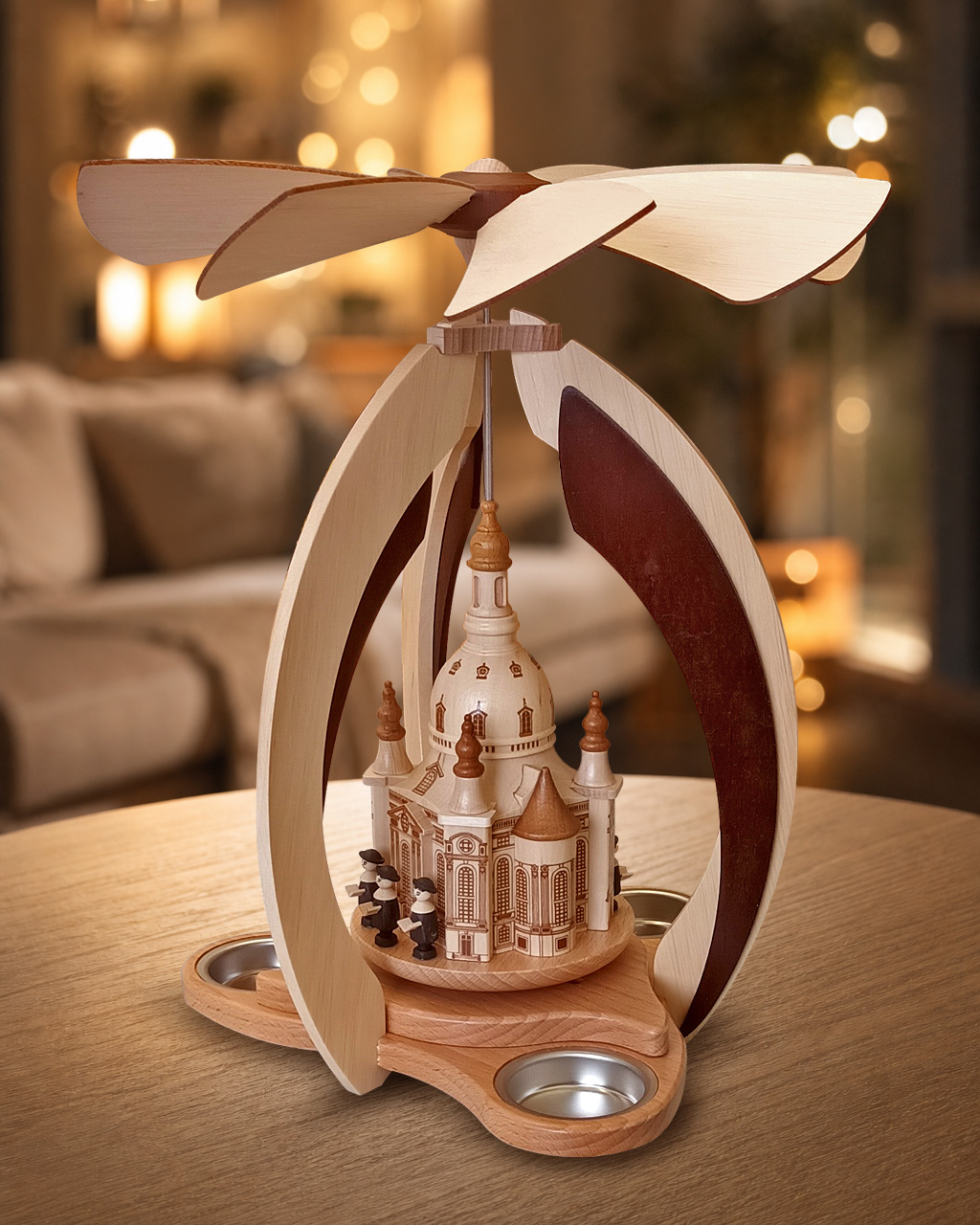 Pyramide mit Dresdner Frauenkirche für 3 Teelichter - Original Erzgebirge