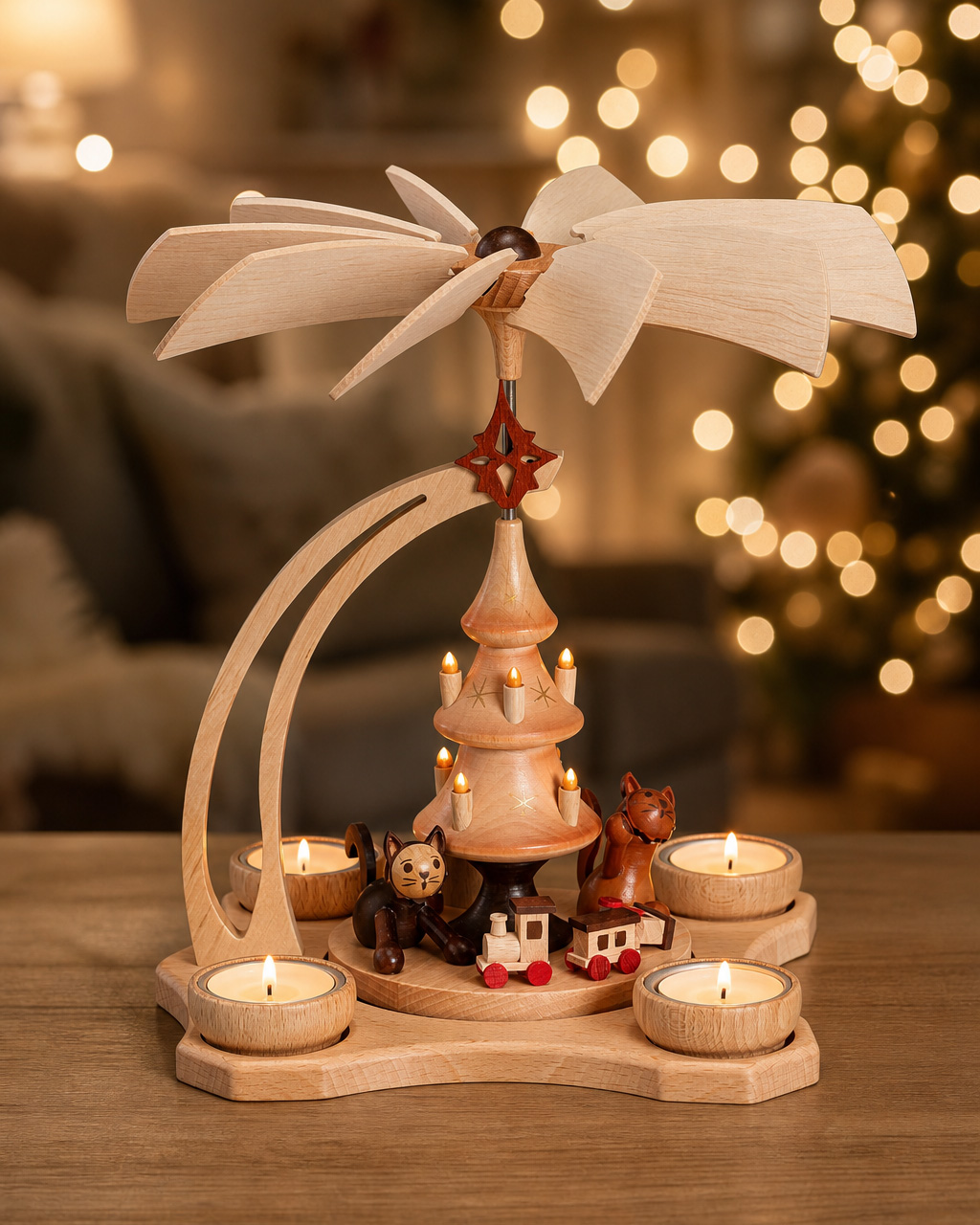 Pyramide spielende Katzen und Weihnachtsbaum mit 4 Teelichter - Original Erzgebirge