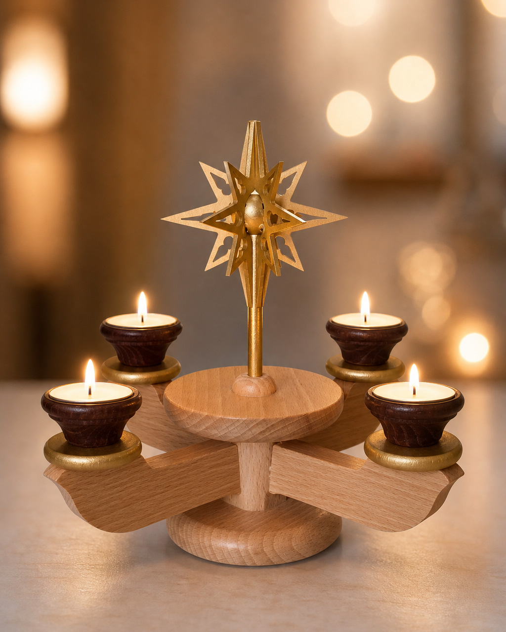 Adventsleuchter klein natur mit goldenem Stern – liebevoll gestaltete Holzkunst - Original Erzgebirge