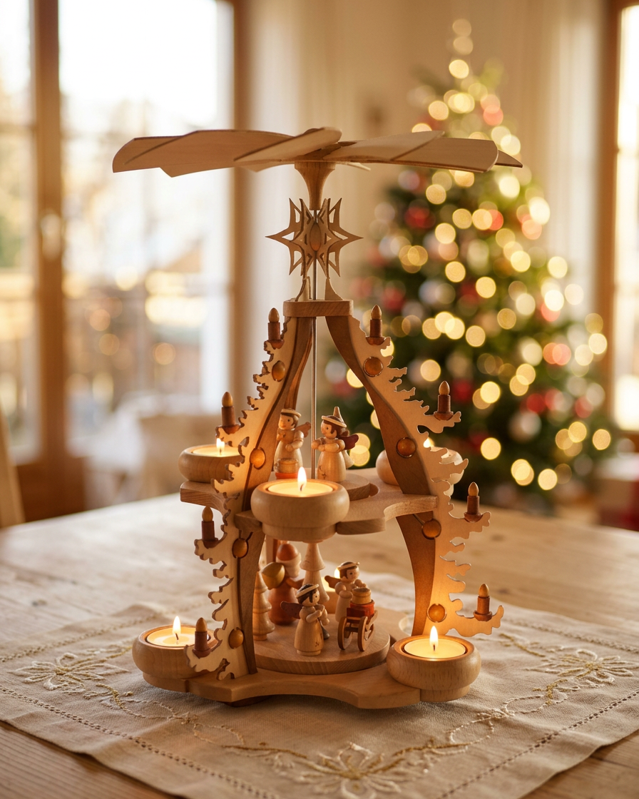 Pyramide 2stöckig Weihnachtsbaum mit Engeln und Weihnachtsmann – Erzgebirge Holzkunst