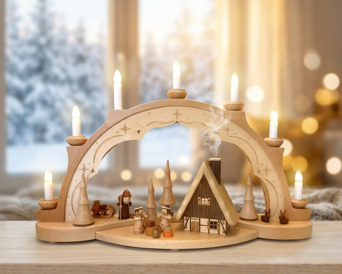 Schwibbogen beleuchtet mit Rauchhaus - Original Erzgebirge