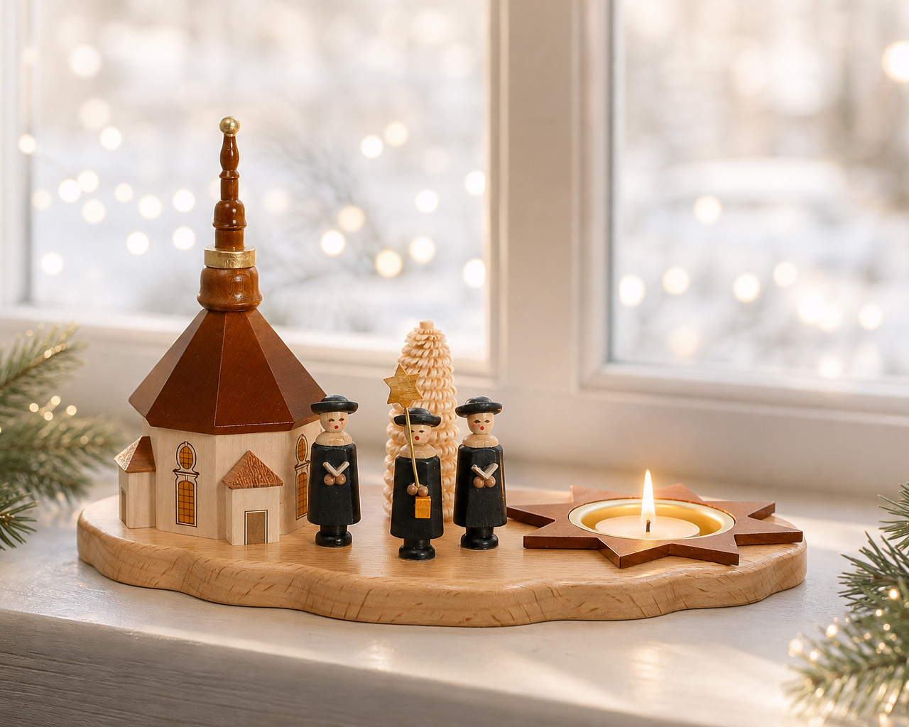 Teelichthalter Kerzenhalter Seiffener Kirche, Kurrende und Bäumchen - Original Erzgebirge