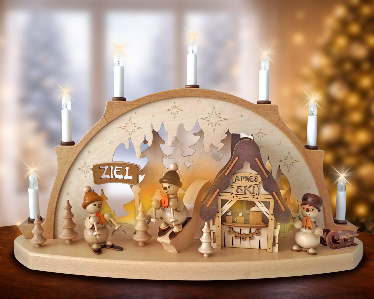 Schwibbogen "Apres Ski" mit Schneemännern - Original Erzgebirge