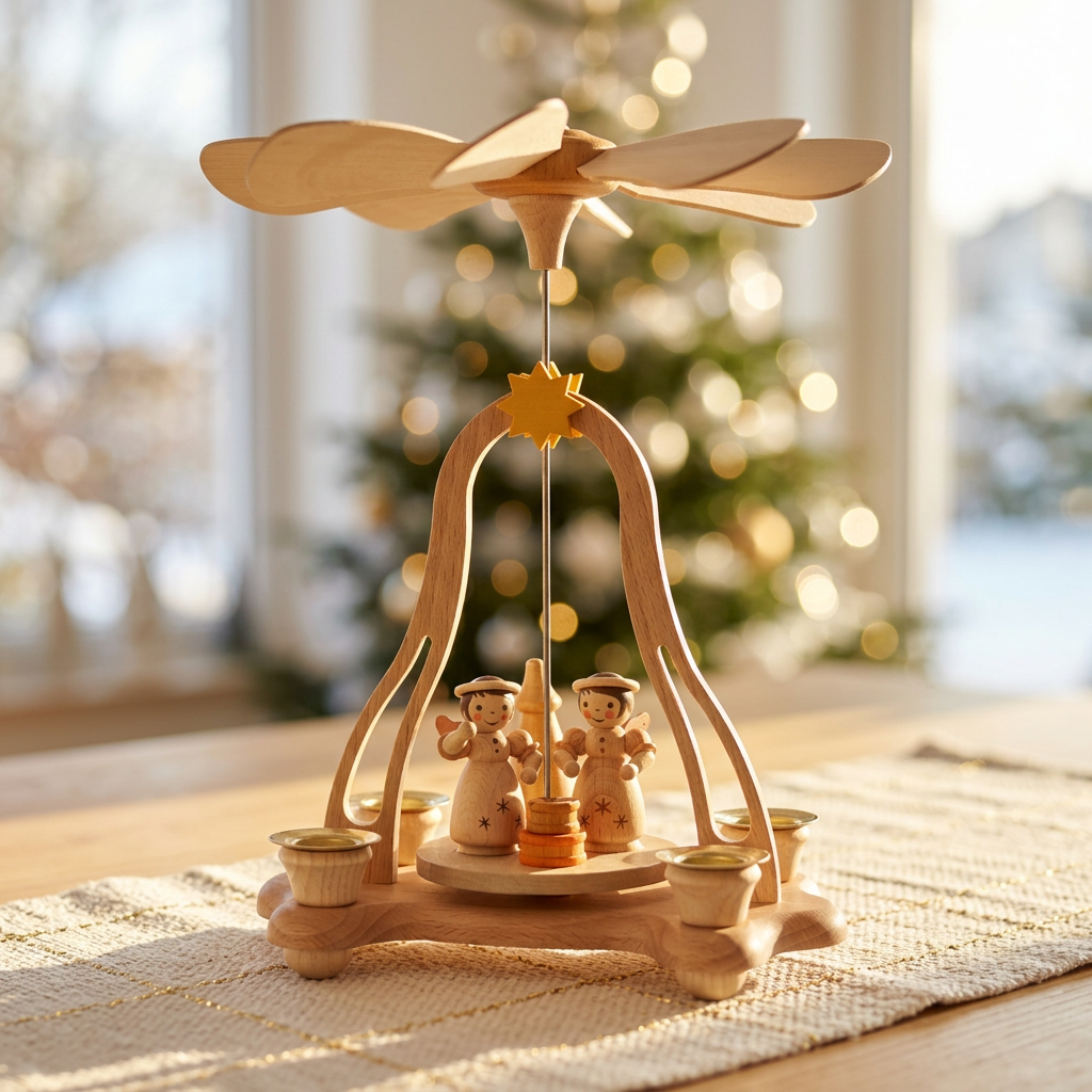 Pyramide klein mit Engeln und Geschenken für vier Pyramidenkerzen - Holzkunst für die Weihnachtszeit