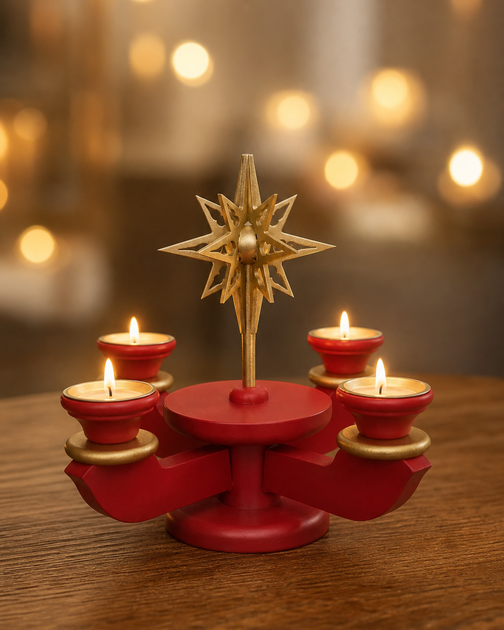 Adventsleuchter klein rot mit goldenem Stern – Schlichte Eleganz für die Weihnachtszeit
