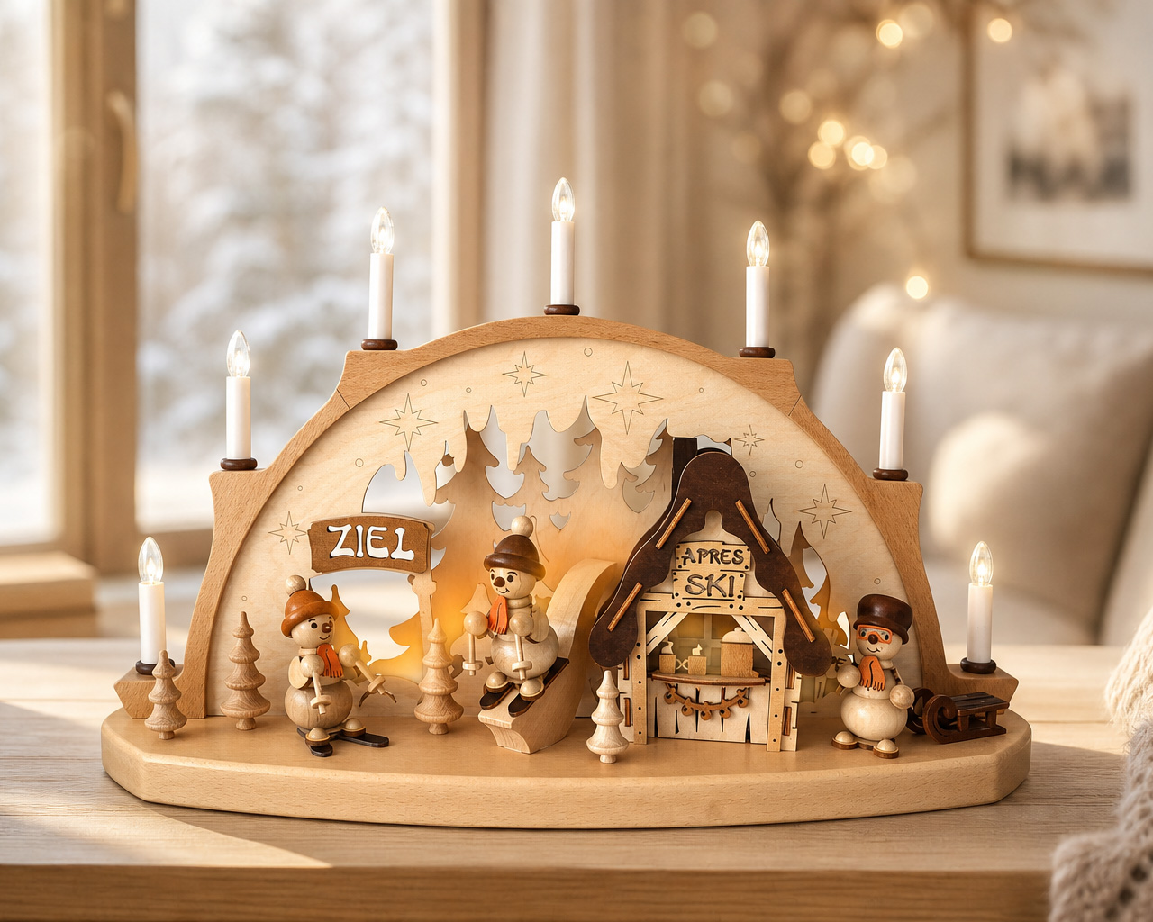 Schwibbogen "Apres Ski" mit Schneemännern - Original Erzgebirge