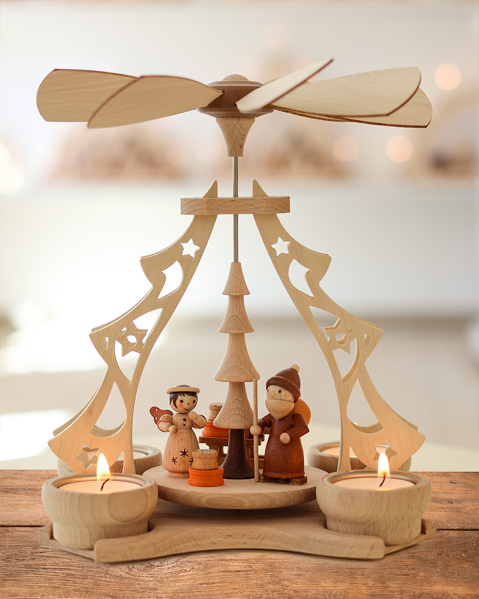 Pyramide Weihnachtsmann und Engel für 4 Teelichter - Original Erzgebirge