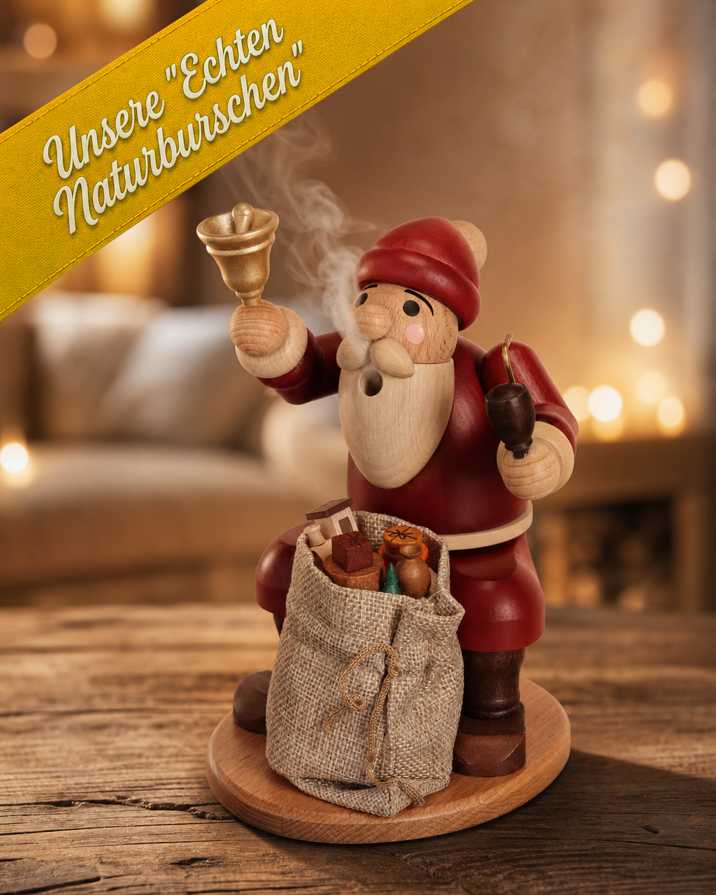 Räucherfigur "Weihnachtsmann mit Sack" - unsere ECHTEN "NATURBURSCHEN" - Original Erzgebirge