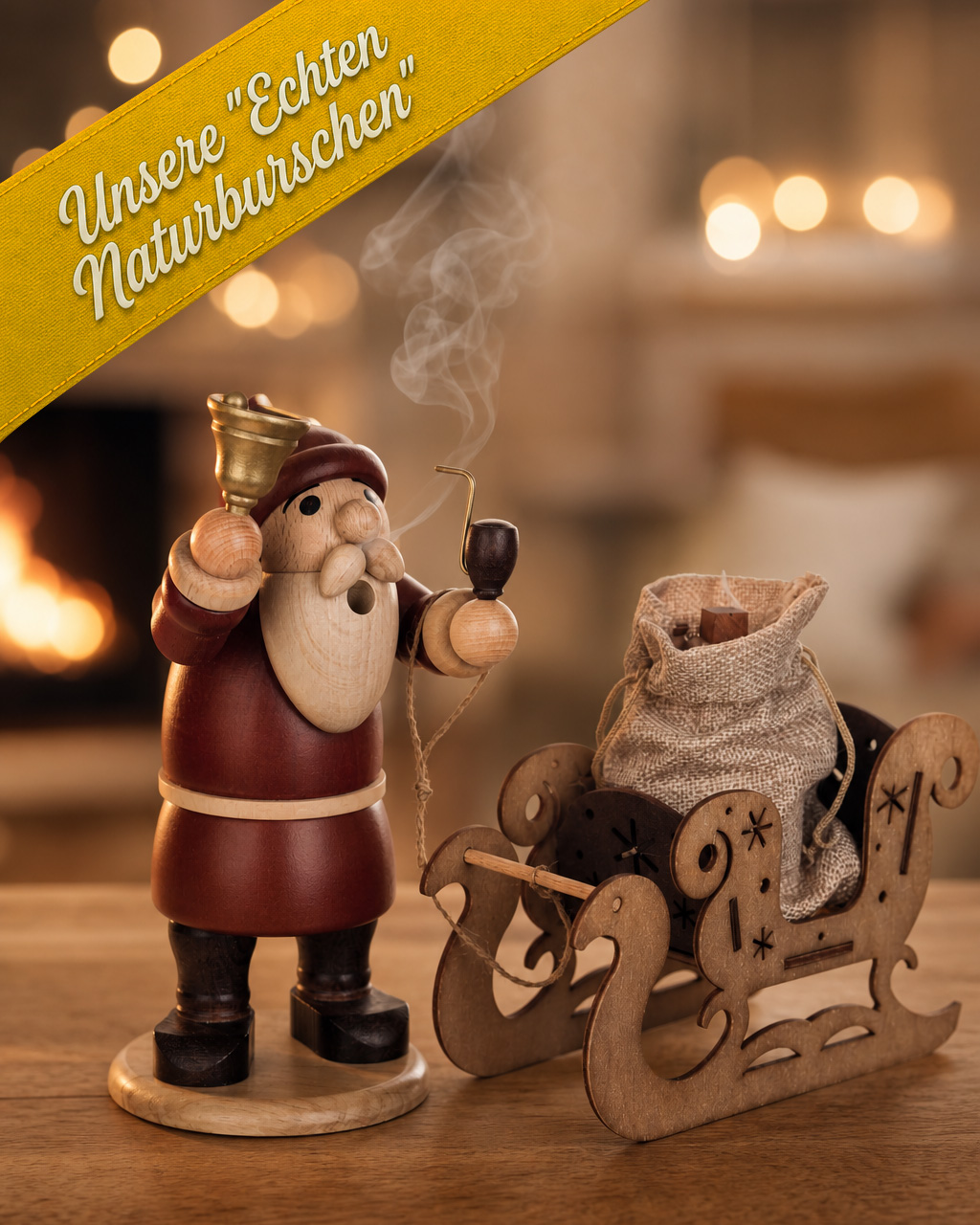 Räuchermann "Weihnachtsmann mit Schlitten und Geschenken" - unsere ECHTEN "NATURBURSCHEN" - Original Erzgebirge