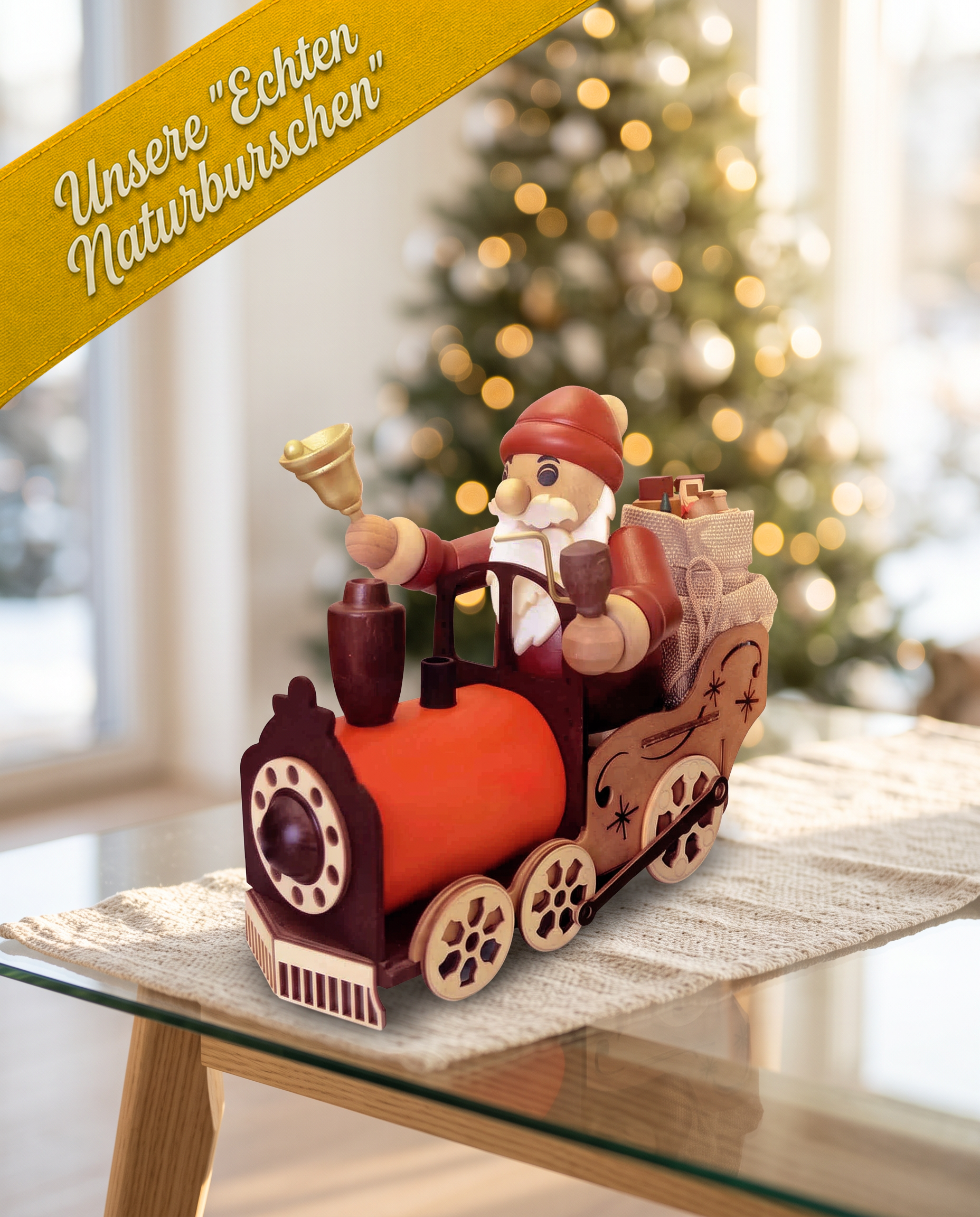 Räuchermann Weihnachtsmann auf Lokomotive - unsere ECHTEN "NATURBURSCHEN" - Original Erzgebirge